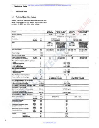 1 Technical Data

http://sales.butlertechnik.com/webasto/webasto-air-heater-spare-parts/hl32

1

Technical Data

1.1

Technical Data of the Heaters

Unless tolerances are shown within the technical data
table, a tolerance of± 10% applies at an ambient temperature of +20°C and at the rated voltage.

I
I Heater
i
Mark of confonnity

i

i

HL24 B/
Air Top 24

-

IHL24 D I Air Top 24

HL32 BI
AlrTop32

HL 24 D (TRS)

j

-

- s 219

5218

5207

IHL320/ AlrTop32
HL 32 D (TRS)

I
I

-

I Heat output

full load
part load

!

2,4 (2050 kcal/h)
1.2 (1050 kcallh)

kW
kW

IFuel

!

I

I

i

• Fuel consumption

lull load
part load

'

! Rated voltage
Rated power consumption
(not during start-up operation)

full load
part load

Max. ambient temperature during operation:
-heater
- electronic control unit
- metering pump
- TRS solenoid valve
, Max. storage temperature:

3,2 (2750 kcaVh)
1,6 (1400 kcaVh)

Dieselfuel DIN 51601 or

- electronic control unit
- metering pump
Max. heating air inlet temperature
full load
part load

Petrol
DIN 51 600
DIN 51 607

grades encl admonures in
compliance with respec-

!

11ve engine manutacturer's specrhcattons.

0,24 (0,32 ltr/h)
0,12 (0.16 ltr/h)

i

0.24 (0,28 ltr/h)
0, 12 (0, 14 ltr/h)

I

I

Diesel fuel DIN 51801 or

graDes and admnaurea in
[ compliance with rnpec-

0,32 (0.42 ltr/h)
0, 16 (0.21 ltr/h)

.

t1ve engme manutac·

I

i

healing oil DIN 51603

turer'a sc:>ecificabons.

I

healing oil DIN 51803

0,31 (0,37 ltr/h)
0, 16(0,19 ltr/h)

12 or 24
10 ... 14 or 20 ... 28

w
w

18
12

18 (TRS=25)
12 (TRS = 19)

·c
·c
·c
·c

32
22

-40
-40
-40
-40

·c
·c
·c
·c

1- heater

Volumetric flow rate of heating air

I

kg/h
kg/h

Petrol
DIN 51 600
DIN 51 607

voe
voe

Operating voltage range

I

32 (TRS =39)
22 (TRS =29)

... +40
... +75
... +20
... +80

-40 ... +85
-40 ... +85
-40 ... +85
max. +40

m3/h
m3/h

95 at approx. 0,50 mbar
68 at approx. 0,25 mbar

130 at approx. 0,50 mbar
81 at approx. 0,25 mbar

C02 content in exhaust gas (at full load):
permissible operating range
setting value at rated voltage

% by vol.
% by vol.

9,5 ... 12,0
10,0 ... 10,5

CO content in exhaust gas, max. perm. limits

%byvol.

0,2 (2000 ppm)

HC content in exhaust gas
(at nominal load and no-wind conditions)

% by vol.

0,01 (100 ppm)

NO, content in exhaust gas
(at nominal load and no-wind conditions)

% by vol.

0,02 (200 ppm)

Soot number acc. to Bosch. Bacherach

max.

<4,0

j -

i-

I Motor nominal speed

!
Dimensions of heater:
(tolerance± 3 mm)
Dimensions of metering pump:

I (tolerance± 3 mm)

Dimensions of control unit 1561:
(tolerance± 3 mm)
Weight:

5206

Air Heater with vaporizing-type burner

j Type

heater
control unit
metering pump

min· 1

full load
part load

min· 1

length
width
height
length
width
height
length
width
height

mm
mm
mm
mm
mm
mm
mm
mm
mm

420
186
184
152
74
70
97
102

kg
kg
kg

5,90
0,27
0,35

2600± 10%

3300±10%

36

4
www.butlertechnik.com

 