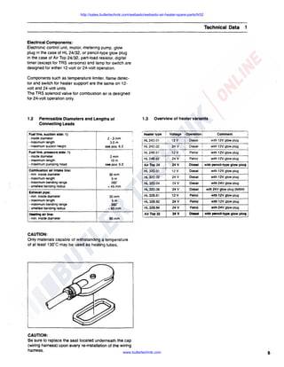 http://sales.butlertechnik.com/webasto/webasto-air-heater-spare-parts/hl32

Technical Data

1

Electrical Components:
Electronic control unit, motor, metering pump, glow
plug in the case of HL 24/32, or pencil-type glow plug
in the case of Air Top 24/32, part-load resistor, digital
timer (except for TRS versions) and lamp for switch are
designed for either 12-volt or 24-volt operation.
Components such as temperature limiter, flame detector and switch for heater support are the same on 12volt and 24-volt units.
The TRS solenoid valve for combustion air is designed
for 24-volt operation only.

1.2

Overview of heater variants

Heater type

[ Fuel llne, suction side: 1)
: - inside diameter
maximum length
, - maximum suction height
'1

1.3

Permissible Diameters and Lengths of
Connecting Leads

2-3mm
3,0m
see pos. 6.2

-

Voltage

; Operation

i

Comment

HL24D.01

12 V

Diesel

with 12V glow plug

HL24D.02

24 V

Diesel

with 12V glow plug

HL24B 61

12V

I

Petrol

w·th 12V glow plug
I

!

v

i

Petrol

:

with 12V glow plug

l

j

with pencll-type glow plug

i

Fuel llne, pressure side: 1)
- inside diameter
- maximum length
- maximum pumping head
Combustion air Intake line:
- min. inside diameter
- maximum length
- maximum bending range
- smallest bending radius
Exhaust pipe:
- min. inside diameter
- maximum length
- maximum bending range
• smallest bending radius
Heating air llne:
- min. inside diameter

I

I
i

I

2mm
10m
see pos. 6.2
30mm
Sm
360"
<4Smm
30mm
Sm
360"
<BS mm
BO mm

i
i

i

HL24B.62

I

24

i

Air Top 24

!

24V

Diesel

I

HL32D.01

'

12V

! Diesel
I

HL32D.02

I

Diesel

HL32B.61

v
24 v
24 v
12 v

HL32B.62

24V

Petrol

with 12V glow plug

HL32B.64

24V

Petrol

with 24V glow plug

AlrTop32

24V

Dine!

with pencil-type glow plug

!

I

I
I

HL32D.04
HL320.06

I

I

24

with 12V glow plug

l

i

with 12V glow plug

Diesel

with 24V glow plug

Diesel

with 24V glow plug (MAN)

Petrol

!

with 12V glow plug

I

i

I

CAUTION:
Only materials capable of withstanding a temperature
of at least 13o·c may be used as heating tubes.

CAUTION:
Be sure to replace the seal located underneath the cap
(wiring harness) upon every re-installation of the wiring
harness.
www.butlertechnik.com

5

 