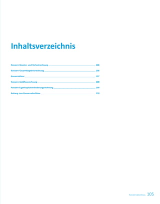 105Konzernabschluss
Konzern‐Gewinn‐ und Verlustrechnung   106
Konzern‐Gesamtergebnisrechnung   106
Konzernbilanz   107
Konzern‐Geldflussrechnung   108
Konzern‐Eigenkapitalveränderungsrechnung   109
Anhang zum Konzernabschluss   110
Inhaltsverzeichnis
 