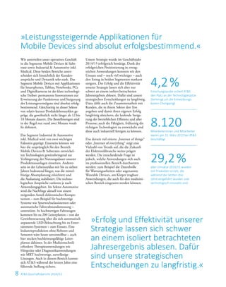 8 ATS Geschäftsbericht 2014/15
»Erfolg und Effektivität unserer
Strategie lassen sich schwer
an einem isoliert betrachteten
Jahres­ergebnis ablesen. Dafür
sind unsere strategischen
­Entscheidungen zu langfristig.«
Wir unterteilen unser operatives ­Geschäft
in die Segmente Mobile Devices  Subs­
trate sowie ­Industrial  Auto­motive inkl.
­Medical. Diese beiden Bereiche unter­
scheiden sich hinsichtlich der Kunden­
ansprüche und Dynamik sehr stark. Das
Segment Mobile Devices mit ­Applikationen
für Smart­phones, Tablets, Notebooks, PCs
und ­Digitalkameras ist der ­klare technologi-
sche Treiber: per­manente Innovationen zur
Erweiterung der ­Funktionen und ­Steigerung
des ­Leistungsver­mögens sind absolut erfolg­
bestimmend. Gleich­zeitig ist dieser Sektor
von relativ kurzen ­Produktlebenszyklen ge-
prägt, die gewöhnlich nicht länger als 12 bis
18 ­Monate dauern. Die Bestell­mengen sind
in der Regel nur rund zwei Monate vorab
fix definiert.
Das Segment Industrial  Automotive
inkl. Medical wird von zwei wichtigen
Faktoren geprägt: Einerseits können wir
hier die ursprünglich für den Bereich
Mobile ­Devices  ­Substrates entwickel-
ten Technologien gewinnbringend zur
Verlängerung der ­Nutzungsdauer unserer
Produktions­anlagen einsetzen. Anderer­
seits ist der Lebens­­zyklus mit bis zu sieben
Jahren bedeutend länger, was die mittel­
fristige Absatzplanung erleichtert und
die Auslastung stabilisiert. Die techno-
logischen Ansprüche variieren je nach
­Anwendungsgebiet. Im Sektor ­Automotive
wird die Nachfrage aktuell von ­einem
­steigenden Anteil elektronischer Kompo-
nenten – zum Beispiel für hoch­wertige
Systeme wie Spurwechsel­assistenten oder
automatische ­Fahrerabstands­messung –
­unterstützt. In ­hochwertigen Fahrzeugen
kommen bis zu 200 Leiterplatten – von der
­Getriebesteuerung über die sich ­automatisch
anpassende LED-Beleuchtung bis zu Enter­
tainment-Systemen – zum ­Einsatz. Eine
­Industrieproduktion ohne ­Roboter und
Sensoren wäre ­heute un­vorstellbar – auch
hier ­stecken hochleistungs­fähige Leiter­
platten ­dahinter. In der Medizintechnik
erfordern Therapie­an­wen­dungen wie
­Hörgeräte oder ­Diagnostik­anwendungen
wie MRT hochwertige, zuverlässige
­Lösungen. Auch in diesem Bereich konnte
sich ATS während der letzten Jahre eine
führende Stellung sichern.
Unsere Strategie wurde im Geschäftsjahr
2014/15 erfolgreich bestätigt. Dank der
­erfolgreichen Positionierung in ertrag­
reichen Anwendungen konnten wir den
Umsatz und – noch viel wichtiger – auch
den Ertrag in beiden Segmenten markant
steigern. Der Erfolg und die ­Effektivität
unserer ­Strategie lassen sich aber nur
schwer an einem isoliert betrachteten
­Jahresergebnis ablesen. Dafür sind unsere
strategischen Ent­scheidungen zu lang­fristig.
Dazu zählt auch die Zusammenarbeit mit
Kunden, die in ihrem Sektor den Ton
angeben und damit ihren eigenen Erfolg
langfristig absichern; die laufende Steige-
rung der betrieblichen Effizienz und aller
Prozesse; auch die Fähigkeit, frühzeitig die
richtigen Technologien zu entwickeln und
diese auch industriell fertigen zu können.
Das derzeit viel zitierte „Internet of things“
oder „Internet of everything“ zeigt eine
Vielzahl von Trends auf, die die Zukunft
der Elektronikbranche weiter prägen
­werden. Die entscheidende Frage ist
jedoch, welche Anwendungen sich auch
im professionellen Bereich durchsetzen
werden: zum Beispiel die Datenbrille
für ­Wartungsarbeiten oder sogenannte
Wearable Devices, am Körper tragbare
An­wendungen, die auch für den medizini-
schen Bereich eingesetzt werden können.
»Leistungssteigernde Applikationen für
Mobile Devices sind absolut erfolgsbestimmend.«
Forschungsquote sichert ATS
den Platz an der Technologiespitze
(bereinigt um die Entwicklungs­
kosten Chongqing)
4,2 %
Mitarbeiterinnen und Mitarbeiter
waren per 31. März 2015 bei ATS
beschäftigt
aller Umsätze 2014/15 wurden
mit Produkten erzielt, die
während der letzten drei
Jahre eingeführt wurden und
technologisch innovativ sind
8.120
29,2 %
 