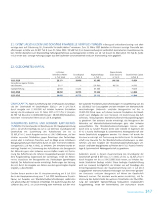 147Konzernabschluss
21. EVENTUALSCHULDEN UND SONSTIGE FINANZIELLE VERPFLICHTUNGEN In Bezug auf unkündbare Leasing- und Miet-
verträge wird auf Erläuterung 16 „Finanzielle Verbindlichkeiten“ verwiesen. Zum 31. März 2015 bestehen im Konzern sonstige finanzielle Ver-
pflichtungen in Höhe von 32.857 Tsd. € (zum 31. März 2014: 59.548 Tsd. €) im Zusammenhang mit verbindlich kontrahierten Investitionsvorha-
ben. Weiters bestehen zum Bilanzstichtag Haftungsverhältnisse aus Bankgarantien in Höhe von 51 Tsd. € (zum 31. März 2014: 703 Tsd. €). Ande-
re Garantien bzw. sonstige Haftungszusagen aus dem laufenden Geschäftsbetrieb sind zum Bilanzstichtag nicht gegeben.
22. GEZEICHNETES KAPITAL
Im Umlauf
befindliche Aktien
in Tsd. Stück
Grundkapital
in Tsd. €
Kapitalrücklage
in Tsd. €
Eigene Anteile
(nach Steuern)
in Tsd. €
Gezeichnetes Kapital
in Tsd. €
31.03.2013 23.323 28.490 63.542 (46.118) 45.914
Veränderung eigene Anteile,
nach Steuern 2.577 – (29.365) 46.118 16.753
Kapitalerhöhung 12.950 14.245 64.934 – 79.179
31.03.2014 38.850 42.735 99.111 – 141.846
31.03.2015 38.850 42.735 99.111 – 141.846
GRUNDKAPITAL Nach Durchführung der Erhöhung des Grundkapi-
tals der Gesellschaft im Geschäftsjahr 2013/14 um 14.245 Tsd. €
durch Ausgabe von 12.950.000 auf Inhaber lautende Stückaktien
beträgt das Grundkapital zum 31. März 2015 42.735 Tsd. € (Vorjahr:
42.735 Tsd. €) und ist in 38.850.000 (Vorjahr: 38.850.000) Stückaktien,
mit einem rechnerischen Wert von je 1,10 €, eingeteilt.
GENEHMIGTES KAPITAL UND BEDINGTE KAPITALERHÖ-
HUNG Der Vorstand wurde mit Beschluss der 20. Hauptversammlung
vom 3. Juli 2014 ermächtigt, bis zum 2. Juli 2019 das Grundkapital der
Gesellschaft mit Zustimmung des Aufsichtsrats um bis zu
21.367,5 Tsd. €, durch Ausgabe von bis zu 19.425.000 neuen, auf den
Inhaber lautenden Stückaktien, gegen Bareinlage oder Sacheinlage,
einmal oder in mehreren Tranchen, auch im Wege eines mittelbaren
Bezugsangebots nach Übernahme durch ein oder mehrere Kreditinsti-
tute gemäß § 153 Abs. 6 AktG, zu erhöhen. Der Vorstand wurde er-
mächtigt, hierbei mit Zustimmung des Aufsichtsrats das Bezugsrecht
der Aktionäre ganz oder teilweise auszuschließen sowie mit Zustim-
mung des Aufsichtsrats die näheren Ausgabebedingungen (insbeson-
dere Ausgabebetrag, Gegenstand der Sacheinlage, Inhalt der Aktien-
rechte, Ausschluss der Bezugsrechte etc.) festzulegen (genehmigtes
Kapital). Der Aufsichtsrat wurde ermächtigt, Änderungen der Satzung,
die sich durch die Ausgabe von Aktien aus dem genehmigten Kapital
ergeben, zu beschließen.
Darüber hinaus wurde in der 20. Hauptversammlung am 3. Juli 2014
die in der Hauptversammlung vom 7. Juli 2010 beschlossene Ermäch-
tigung zur Ausgabe von Wandelschuldverschreibungen widerrufen
und gleichzeitig der Vorstand ermächtigt, mit Zustimmung des Auf-
sichtsrats bis zum 2. Juli 2019 einmalig oder mehrmals auf den Inha-
ber lautende Wandelschuldverschreibungen im Gesamtbetrag von bis
zu 150.000,0 Tsd. € auszugeben und den Inhabern von Wandelschuld-
verschreibungen Umtausch- und/oder Bezugsrechte auf bis zu
19.425.000 Stück neue, auf Inhaber lautende Stückaktien der Gesell-
schaft nach Maßgabe der vom Vorstand, mit Zustimmung des Auf-
sichtsrats, festzulegenden Wandelschuldverschreibungsbedingungen
zu gewähren. Der Vorstand wurde ermächtigt, das Bezugsrecht der
Aktionäre auf Wandelschuldverschreibungen ganz oder teilweise
auszuschließen. Die Wandelschuldverschreibungen können auch
durch eine zu hundert Prozent direkt oder indirekt im Eigentum der
AT  S Austria Technologie  Systemtechnik Aktiengesellschaft ste-
hende Gesellschaft ausgegeben werden. Für diesen Fall wurde der
Vorstand ermächtigt, mit Zustimmung des Aufsichtsrats für die Gesell-
schaft eine Garantie für die Wandelschuldverschreibungen zu über-
nehmen und den Inhabern der Wandelschuldverschreibungen Um-
tausch- und/oder Bezugsrechte auf Aktien der AT  S Austria Techno-
logie  Systemtechnik Aktiengesellschaft zu gewähren.
Außerdem wurde in diesem Zusammenhang das Grundkapital der
Gesellschaft gemäß § 159 Abs 2 Z 1 AktG um bis zu 21.367,5 Tsd. €
durch Ausgabe von bis zu 19.425.000 Stück neuen, auf Inhaber lau-
tende Stückaktien bedingt erhöht. Diese bedingte Kapitalerhöhung
wird nur insoweit durchgeführt, als Inhaber von auf Grundlage des
Ermächtigungsbeschlusses der Hauptversammlung vom 3. Juli 2014
ausgegebenen Wandelschuldverschreibungen von dem ihnen gewähr-
ten Umtausch- und/oder Bezugsrecht auf Aktien der Gesellschaft
Gebrauch machen. Der Vorstand wurde weiters ermächtigt, mit Zu-
stimmung des Aufsichtsrats die weiteren Einzelheiten der Durchfüh-
rung der bedingten Kapitalerhöhung festzusetzen (insbesondere
Ausgabebetrag, Inhalt der Aktienrechte). Der Aufsichtsrat wurde
Konzernabschluss zum 31. März 2015 45
 