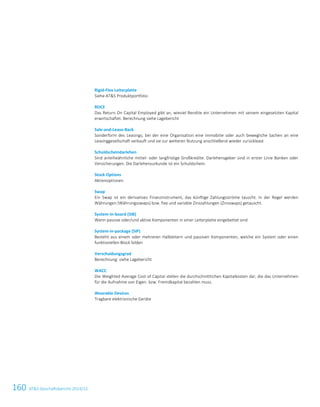 160 ATS Geschäftsbericht 2014/15
Rigid-Flex Leiterplatte
Siehe ATS Produktportfolio
ROCE
Das Return On Capital Employed gibt an, wieviel Rendite ein Unternehmen mit seinem eingesetzten Kapital
erwirtschaftet. Berechnung siehe Lagebericht
Sale-and-Lease-Back
Sonderform des Leasings, bei der eine Organisation eine Immobilie oder auch bewegliche Sachen an eine
Leasinggesellschaft verkauft und sie zur weiteren Nutzung anschließend wieder zurückleast
Schuldscheindarlehen
Sind anleiheähnliche mittel- oder langfristige Großkredite. Darlehensgeber sind in erster Linie Banken oder
Versicherungen. Die Darlehensurkunde ist ein Schuldschein.
Stock Options
Aktienoptionen
Swap
Ein Swap ist ein derivatives Finanzinstrument, das künftige Zahlungsströme tauscht. In der Regel werden
Währungen (Währungsswaps) bzw. fixe und variable Zinszahlungen (Zinsswaps) getauscht.
System-in-board (SiB)
Wenn passive oder/und aktive Komponenten in einer Leiterplatte eingebettet sind
System-in-package (SiP)
Besteht aus einem oder mehreren Halbleitern und passiven Komponenten, welche ein System oder einen
funktionellen Block bilden
Verschuldungsgrad
Berechnung: siehe Lagebericht
WACC
Die Weighted Average Cost of Capital stellen die durchschnittlichen Kapitalkosten dar, die das Unternehmen
für die Aufnahme von Eigen- bzw. Fremdkapital bezahlen muss.
Wearable Devices
Tragbare elektronische Geräte
 