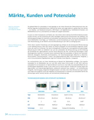34
	 2003/2004	 2013	 2016	 2024
?
ATS Geschäftsbericht 2014/15
Der globale Markt für Leiterplatten ist stark geprägt von der hohen Dynamik der Elektronikindustrie bzw. den
dahinter liegenden Kundenbedürfnissen. Während der letzten Jahre jagte dabei ein „großes Ding“ das nächste
– von Desktop- und Notebook-Computern, MP3-Playern und Digitalkameras, Flachbildschirm-Geräten und
Mobiltelefonen bis hin zu Smartphones und Tablets der jüngsten Generation.
Es waren vor allem Smartphones und Tablets, die in den letzten Jahren überdurchschnittliche Wachstumsraten
erzielen konnten und die Entwicklung der dafür benötigten elektronischen Komponenten wie Halbleiter und
Verbindungstechnologien für Substrate und Leiterplatten stark beeinflusst haben. Konnte man Anfang 2000 mit
einem Mobiltelefon in der Regel „nur“ telefonieren, sind die Smartphones von heute High-End-Computer mit
mehr Rechenleistung, als der NASA für die erste Mondlandung im Jahr 1967 zur Verfügung stand.
Hinter dieser rasanten Entwicklung und Leistungssteigerung verbirgt sich die konsequente Miniaturisierung
in der Halbleiterindustrie. Nach dem Gesetz von Moore verdoppelt sich die Komplexität integrierter Schalt­
kreise alle zwölf bis 24 Monate. Die damit einhergehende Erhöhung der Leistungsdichte bei gleichzeitiger
­Reduzierung der Größe von Halbleitern hat auch bei Leiterplatten die Miniaturisierung und die Erhöhung
der ­Komplexität der Lagenaufbauten und das rasche Wachstum der HDI- und Microvia-Technologie in allen
Marktsegmenten ­bestimmt. So werden heute zunehmend High-End Leiterplatten im Bereich der Automobil­
elektronik, ­(Navigation, Multimedia, Kamerasysteme…) für Industrieanwendungen (Maschine zu Maschine-
Kommunikation, Industriecomputer…) sowie in der Medizinelektronik (MRT, Herzschrittmacher, Hörgeräte…)
und im Consumerbereich (Digitalkameras, High-End TV-Geräte, Smart-Watches…) eingesetzt.
Am anschaulichsten lässt sich diese Veränderung am Beispiel der Mobiltelefone verfolgen. Eine typische
Leiterplatte für ein Mobiltelefon war vor rund zehn Jahren etwa 13 x 6 cm groß. Im Jahr 2013 maß eine
Leiterplatte für ein Smartphone im High-End-Bereich rund 9 x 2 cm. Das heißt, die Leiterplattenfläche für ein
hochkomplexes Mobiltelefon wurde in zehn Jahren auf ein Viertel reduziert. Parallel dazu wurden jedoch die
Eigenschaften und Anwendungsmöglichkeiten substanziell verbessert bzw. erweitert – um hochauflösende
Fotografie, Internetzugang, integriertes Navigationssystem und vieles mehr. Diese Miniaturisierung ist jedoch
noch lange nicht ausgereizt. Durch die Integration von Komponenten in Substrate und Leiterplatten können die
Abmessungen weiter reduziert werden, wie nachstehende Aufstellung zeigt.
Technologischer Wandel der Leiterplatte im Überblick
Markt für Leiterplatten
unterliegt rasantem
technologischen Wandel
Trend zur Miniaturisierung
verstärkt sich weiter
Märkte, Kunden und Potenziale
	 Mobiltelefon	 Smartphone	 System on Chip	 All in One
	 125 x 55 mm	 85 x 20 mm	 30 x 30 mm	 20 x 20 mm?
	 1	 0,25	 0,13	 0,06?
	 100/100 μm	 40/40 μm	 30/30 μm	 20/20 μm
	 1-n-1	 Anylayer	 Anylayer  Embedding	 ?
Type
PCB
FF
L/S
Type
PCB
FF
L/S
Technologie
 