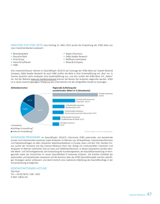 47Investor Relations
ANALYSEN ZUR ATS AKTIE Zum Stichtag 31. März 2015 wurde die Entwicklung der ATS Aktie von
neun Investmentbanken analysiert:
 Berenberg Bank
 Deutsche Bank
 Erste Group
 Hauck  Aufhäuser
 HSBC
 Kepler Cheuvreux
 Oddo Seydler Research
 Raiffeisen Centrobank
 Wood  Company
Drei Investmenthäuser nahmen im Geschäftsjahr 2014/15 die Coverage der ATS Aktie auf. Sowohl Wood 
Company, Oddo Seydler Research als auch HSBC stuften die Aktie in ihrer Erstempfehlung mit „Buy“ ein. In
Summe sprachen sechs Analysten eine Kaufempfehlung aus, und drei stuften die ATS-Aktie mit „Halten“
ein. Auf der Website www.ats.net/de/investoren können die Namen der Analysten abgerufen werden. ATS
ist in seiner asiatisch geprägten Peergroup das Unternehmen mit der drittgrößten Anzahl an Coverages.
ROADSHOW-PROGRAMM Im Geschäftsjahr 2014/15 informierte ATS potenzielle und bestehende
private und institutionelle Investoren sowie Analysten im Rahmen von 18 Roadshows, Investorenkonferenzen
und Kapitalmarkttagen an allen relevanten Kapitalmarktplätzen in Europa, Asien und den USA. Darüber hin-
aus suchte der Vorstand und das Investor-Relations-Team den Dialog mit institutionellen Investoren und
Analysten im Rahmen zahlreicher One-on-ones und Telefonkonferenzen. In diesen Gesprächen wurden aktu-
elle Markt- und Technologietrends, die Entwicklung der Kundensegmente, die Geschäftsentwicklung im Kern-
geschäft sowie die Fortschritte im neuen Geschäftsfeld IC-Substrate erläutert. Die erhöhte Visibilität bei
potenziellen und bestehenden Investoren soll die Kenntnis über das ATS Geschäftsmodell und die zukünfti-
gen Strategien weiter verbessern und damit letztlich eine realistische Abbildung des Geschäftserfolgs in der
Kursentwicklung ermöglichen.
KONTAKT/AKTIONÄRS-HOTLINE
Elke Koch
Tel.: + 43 (0) 38 42 / 200 - 5925
E-Mail: ir@ats.net
ATS – First choice for advanced applications 5
 