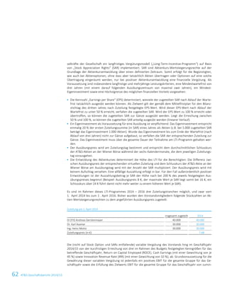 62 ATS Geschäftsbericht 2014/15
selkräfte der Gesellschaft ein langfristiges Vergütungsmodell („Long-Term-Incentive-Programm“) auf Basis
von „Stock Appreciation Rights“ (SAR) implementiert. SAR sind Aktienkurs-Wertsteigerungsrechte auf der
Grundlage der Aktienkursentwicklung über einen definierten Zeitraum. Somit erfolgt für die Begünstigten,
wie auch bei Aktienoptionen, ohne dass aber tatsächlich Aktien übertragen oder Optionen auf eine solche
Übertragung eingeräumt werden, nur bei positiver Aktienkursentwicklung eine finanzielle Vergütung. Als
Voraussetzung sind insbesondere langfristige und mehrjährige Leistungskriterien, eine Mindestwartefrist von
drei Jahren (mit einem darauf folgenden Ausübungszeitraum von maximal zwei Jahren), ein Mindest-
Eigeninvestment sowie eine Höchstgrenze des möglichen finanziellen Vorteils vorgesehen:
 Die Kennzahl „Earnings per Share“ (EPS) determiniert, wieviele der zugeteilten SAR nach Ablauf der Warte-
frist tatsächlich ausgeübt werden können. Als Zielwert gilt der gemäß dem Mittelfristplan für den Bilanz-
stichtag des dritten Jahres nach Zuteilung festgelegte EPS-Wert. Wird dieser EPS-Wert nach Ablauf der
Wartefrist zu unter 50 % erreicht, verfallen die zugeteilten SAR. Wird der EPS Wert zu 100 % erreicht oder
übertroffen, so können die zugeteilten SAR zur Gänze ausgeübt werden. Liegt die Erreichung zwischen
50 % und 100 %, so können die zugeteilten SAR anteilig ausgeübt werden (linearer Verlauf).
 Ein Eigeninvestment als Voraussetzung für eine Ausübung ist verpflichtend. Das Eigeninvestment entspricht
einmalig 20 % der ersten Zuteilungssumme (in SAR) eines Jahres als Aktien (z.B. bei 5.000 zugeteilten SAR
beträgt das Eigeninvestment 1.000 Aktien). Wurde das Eigeninvestment bis zum Ende der Wartefrist (nach
Ablauf von drei Jahren) nicht zur Gänze aufgebaut, so verfallen die SAR der entsprechenden Zuteilung zur
Gänze. Das Eigeninvestment muss über die gesamte Dauer der Teilnahme am LTI-Programm gehalten wer-
den.
 Der Ausübungspreis wird am Zuteilungstag bestimmt und entspricht dem durchschnittlichen Schlusskurs
der ATS-Aktien an der Wiener Börse während der sechs Kalendermonate, die dem jeweiligen Zuteilungs-
tag vorausgehen.
 Die Entwicklung des Aktienkurses determiniert die Höhe des LTI für die Berechtigten: Die Differenz zwi-
schen Ausübungspreis der entsprechenden virtuellen Zuteilung und dem Schlusskurs der ATS-Aktie an der
Wiener Börse am Ausübungstag wird mit der Anzahl der SAR multipliziert. Der Ausübungspreis wird mit
keinem Aufschlag versehen. Eine allfällige Auszahlung erfolgt in bar. Für den Fall außerordentlich positiver
Entwicklungen ist der Auszahlungsbetrag je SAR der Höhe nach bei 200 % des jeweils festgelegten Aus-
übungspreises begrenzt (Beispiel: Ausübungspreis 8 €, der maximale Wert je SAR liegt somit bei 16 €, ein
Schlusskurs über 24 € führt damit nicht mehr weiter zu einem höheren Wert je SAR).
Es sind im Rahmen dieses LTI-Programmes 2014 – 2016 drei Zuteilungstranchen möglich, und zwar vom
1. April 2014 bis zum 1 . April 2016. Bisher wurden den Vorstandsmitgliedern folgende Stückzahlen an Ak-
tien-Wertsteigerungsrechten zu dem angeführten Ausübungspreis zugeteilt:
Zuteilung am 1. April 2014
insgesamt zugeteilt 2014
DI (FH) Andreas Gerstenmayer 40.000 40.000
Dr. Karl Asamer 30.000 30.000
Ing. Heinz Moitzi 30.000 30.000
Zuteilungspreis (in €) 7,68
Die (nicht auf Stock Option und SARs entfallende) variable Vergütung des Vorstands hing im Geschäftsjahr
2014/15 von der kurzfristigen Erreichung von drei im Rahmen des Budgets festgelegten Kenngrößen für das
betreffende Geschäftsjahr, Return on Capital Employed (ROCE), Cash Earnings (mit einer Gewichtung von je
45 %) sowie Innovation Revenue Rate (IRR) (mit einer Gewichtung von 10 %), ab. Grundvoraussetzung für die
Gewährung dieser variablen Vergütung ist jedenfalls ein positives EBIT für die gesamte Gruppe für das Ge-
schäftsjahr sowie die Erfüllung des Zielwerts EBIT für die gesamte Gruppe für das Geschäftsjahr von zumin-
16 Corporate Governance Bericht
 