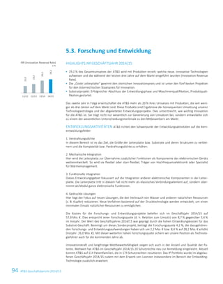 94 ATS Geschäftsbericht 2014/15
HIGHLIGHTS IM GESCHÄFTSJAHR 2014/15
 29,2 % des Gesamtumsatzes der ATS wird mit Produkten erzielt, welche neue, innovative Technologien
aufweisen und die während der letzten drei Jahre auf dem Markt eingeführt wurden (Innovation Revenue
Rate).
 Die „Coole Leiterplatte“ gewinnt den steirischen Innovationspreis und ist unter den fünf besten Projekten
für den österreichischen Staatspreis für Innovation.
 Substratprojekt: Erfolgreicher Abschluss der Entwicklungsphase und Maschinenqualifikation, Produktquali-
fikation gestartet.
Das zweite Jahr in Folge erwirtschaftet die ATS mehr als 20 % ihres Umsatzes mit Produkten, die seit weni-
ger als drei Jahren auf dem Markt sind. Diese Produkte sind Ergebnisse der konsequenten Umsetzung unserer
Technologiestrategie und der abgeleiteten Entwicklungsprojekte. Dies unterstreicht, wie wichtig Innovation
für die ATS ist. Sie trägt nicht nur wesentlich zur Generierung von Umsätzen bei, sondern entwickelte sich
zu einem der wesentlichen Unterscheidungsmerkmale zu den Mitbewerbern am Markt.
ENTWICKLUNGSAKTIVITÄTEN ATS richtet den Schwerpunkt der Entwicklungsaktivitäten auf die Kern-
entwicklungsfelder:
1. Verdrahtungsdichte
In diesem Bereich ist es das Ziel, die Größe der Leiterplatte bzw. Substrate und deren Strukturen zu verklei-
nern und die Komplexität bzw. Verdrahtungsdichte zu erhöhen.
2. Mechanische Integration
Hier wird die Leiterplatte zur Übernahme zusätzlicher Funktionen als Komponente des elektronischen Geräts
weiterentwickelt. So wird sie flexibel oder starr-flexibel, Träger von Hochfrequenzelektronik oder Spezialist
für Wärmemanagement.
3. Funktionelle Integration
Dieses Entwicklungsgebiet fokussiert auf die Integration anderer elektronischer Komponenten in der Leiter-
platte. Die Leiterplatte tritt in diesem Fall nicht mehr als klassisches Verbindungselement auf, sondern über-
nimmt als Modul ganze elektronische Funktionen.
4. Gedruckte Lösungen
Hier liegt der Fokus auf neuen Lösungen, die den Verbrauch von Wasser und anderen natürlichen Ressourcen
(z. B. Kupfer) reduzieren. Neue Verfahren basierend auf der Drucktechnologie werden entwickelt, um einen
minimalen Einsatz natürlicher Ressourcen zu ermöglichen.
Die Kosten für die Forschungs- und Entwicklungsprojekte beliefen sich im Geschäftsjahr 2014/15 auf
57,9 Mio. €. Dies entspricht einer Forschungsquote (d. h. Relation zum Umsatz) von 8,7 % gegenüber 5,4 %
im Vorjahr. Der Wert des Geschäftsjahres 2014/15 war geprägt durch die hohen Entwicklungskosten für das
Substrat-Geschäft. Bereinigt um dieses Sonderprojekt, beträgt die Forschungsquote 4,2 %, die dazugehören-
den Forschungs- und Entwicklungsaufwendungen haben sich um 2,2 Mio. € bzw. 8,4 % auf 28,2 Mio. € erhöht
(Vorjahr: 26,0 Mio. €). Mit dieser weiterhin hohen Forschungsquote sichern wir unsere Position als Technolo-
gieführer auch für die kommenden Jahre ab.
Innovationskraft und langfristige Wettbewerbsfähigkeit zeigen sich auch in der Anzahl und Qualität der Pa-
tente. Weltweit hat ATS im Geschäftsjahr 2014/15 20 Schutzrechte neu zur Anmeldung eingereicht. Aktuell
kommt ATS auf 114 Patentfamilien, die in 174 Schutzrechten resultieren. Das IP Portfolio wurde im abgelau-
fenen Geschäftsjahr 2014/15 zudem mit dem Erwerb von Lizenzen insbesondere im Bereich der Embedding-
Technologie zusätzlich erweitert.
5.3. Forschung und Entwicklung
IRR (Innovation Revenue Rate)
in %
15,0
19,2
26,5
29,2
11/12 12/13 13/14 14/15
28 Konzernlagebericht 2014/15
 