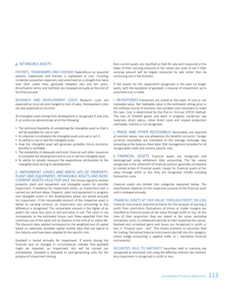 113Consolidated Financial Statements
g. INTANGIBLE ASSETS
PATENTS, TRADEMARKS AND LICENSES Expenditure on acquired
patents, trademarks and licenses is capitalised at cost, including
incidental acquisition expenses, and amortised on a straight-line basis
over their useful lives, generally between two and ten years.
Amortisation terms and methods are reviewed annually at the end of
the financial year.
RESEARCH AND DEVELOPMENT COSTS Research costs are
expensed as incurred and charged to cost of sales. Development costs
are also expensed as incurred.
An intangible asset arising from development is recognised if, and only
if, an entity can demonstrate all of the following:
 The technical feasibility of completing the intangible asset so that it
will be available for use or sale.
 Its intention to complete the intangible asset and use or sell it.
 Its ability to use or sell the intangible asset.
 How the intangible asset will generate probable future economic
benefits is verifiable.
 The availability of adequate technical, financial and other resources
to complete the development and to use or sell the intangible asset.
 Its ability to reliably measure the expenditure attributable to the
intangible asset during its development.
h. IMPAIRMENT LOSSES AND WRITE-UPS OF PROPERTY,
PLANT AND EQUIPMENT, INTANGIBLE ASSETS AND NON-
CURRENT ASSETS HELD FOR SALE The Group regularly reviews
property, plant and equipment and intangible assets for possible
impairment. If evidence for impairment exists, an impairment test is
carried out without delay. Property, plant and equipment in progress
and intangible assets in the development phase are tested annually
for impairment. If the recoverable amount of the respective asset is
below its carrying amount, an impairment loss amounting to the
difference is recognised. The recoverable amount is the higher of an
asset’s fair value less costs to sell and value in use. The value in use
corresponds to the estimated future cash flows expected from the
continued use of the asset and its disposal at the end of its useful life.
The discount rates applied correspond to the weighted cost of capital
based on externally available capital market data that are typical in
the industry and have been adapted to the specific risks.
Goodwill is tested annually for impairment. If events during the
financial year or changes in circumstances indicate that goodwill
might be impaired, an impairment test will be carried out
immediately. Goodwill is allocated to cash-generating units for the
purpose of impairment testing.
Non-current assets are classified as held for sale and measured at the
lower of their carrying amounts or fair values less costs to sell if their
carrying amount will be largely recovered by sale rather than by
continuing use in the business.
If the reason for the impairment recognised in the past no longer
exists, with the exception of goodwill, a reversal of impairment up to
amortised cost is made.
i. INVENTORIES Inventories are stated at the lower of cost or net
realisable value. Net realisable value is the estimated selling price in
the ordinary course of business, less variable costs necessary to make
the sale. Cost is determined by the first-in, first-out (FIFO) method.
The cost of finished goods and work in progress comprises raw
materials, direct labour, other direct costs and related production
overheads. Interest is not recognised.
j. TRADE AND OTHER RECEIVABLES Receivables are reported
at nominal values, less any allowances for doubtful accounts. Foreign
currency receivables are translated at the average exchange rate
prevailing at the balance sheet date. Risk management provides for all
recognisable credit and country-specific risks.
k. FINANCIAL ASSETS Financial assets are recognised and
derecognised using settlement date accounting. The fair values
recognised in the statement of financial position generally correspond
to market prices of financial assets. Except for financial assets at fair
value through profit or loss they are recognised initially including
transaction costs.
Financial assets are divided into categories explained below. The
classification depends on the respective purpose of the financial asset
and is reviewed annually.
FINANCIAL ASSETS AT FAIR VALUE THROUGH PROFIT OR LOSS
Financial instruments acquired primarily for the purpose of earning a
profit from short-term fluctuations of prices or trader margins are
classified as financial assets at fair value through profit or loss. At the
time of their acquisition they are stated at fair value, excluding
transaction costs, in subsequent periods at their respective fair values.
Realised and unrealised gains and losses are recognised in profit or
loss in “Finance costs - net”. This relates primarily to securities held
for trading. Derivative financial instruments also fall into this category,
unless hedge accounting is applied (refer to l. Derivative financial
instruments).
SECURITIES HELD TO MATURITY Securities held to maturity are
recognised at amortised cost using the effective interest rate method.
Any impairment is recognised in profit or loss.
Consolidated Financial Statements as of 31 March 2015 11
 