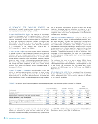 136 ATS Annual Report 2014/15
17. PROVISIONS FOR EMPLOYEE BENEFITS The
provisions for employee benefits relate to pension commitments,
severance payments and other employee benefits.
DEFINED CONTRIBUTION PLANS The majority of the Group’s
employees in Austria and part of its employees in India are covered by
defined contribution plans that have been transferred to a pension
fund. For employees in Austria, the pension plans are supplemented
by death and endowment insurances. Employer contributions are
determined on the basis of a certain percentage of current
renumeration. Employer contributions under these plans amounted
to € 472 thousand in the financial year 2014/15 and to
€ 475 thousand in the financial year 2013/14.
DEFINED BENEFIT PLANS The Group operates defined benefit plans
for several members of the management board and other executive
employees with no employee contribution required. The board
members’ and other executive employees’ plans are partially funded
through assets in pension funds and partially unfunded. Pension
benefits of board members and executive employees are based on
their salaries and years of service. Essentially, the Group is exposed to
risks arising from these obligations as the Group cannot reliably
establish future salary and pension benefits increases owing to
longevity and inflation.
FUNDED SEVERANCE PAYMENTS The employees in India are
entitled to severance payments upon retirement or, under certain
circumstances, upon leaving the company, the amount of which
depends on years of service and the remuneration received by the
respective member of staff. The severance payments range between
half of a monthly remuneration per year of service and a fixed
maximum. Severance payment obligations are covered by a life
insurance. Essentially, the Group is exposed to risks arising from these
obligations as the Group cannot reliably establish future remuneration
increases owing to inflation.
UNFUNDED SEVERANCE PAYMENTS Employees in Austria, South
Korea and China are entitled to receive severance payments, which
are based upon years of service and remuneration received by the
respective member of staff and are generally payable upon retirement
and, under certain circumstances, upon leaving the Company. For
staff members having joined the company before 1 January 2003, the
severance payments in Austria range from two to twelve months of
final monthly salary, with staff members in South Korea and China also
entitled to a fixed amount depending on years of service and salary.
Essentially, the Group is exposed to risks arising from these obligations
as the Group cannot reliably establish future remuneration increases
owing to inflation.
For employees who joined on or after 1 January 2003 in Austria,
regular contributions are paid to a staff provision fund
(“Mitarbeitervorsorgekasse”) without any further obligations on part
of the Group. The contributions for the financial year 2014/15
amounted to € 288 thousand and for the financial year 2013/14 to
€ 267 thousand.
OTHER EMPLOYEE BENEFITS The employees of the companies in
Austria and in China are entitled to anniversary bonuses for long-term
service, the eligibility to and amount of which in Austria are stipulated
in the Collective Agreement.
EXPENSES for (defined benefit) pension obligations, severance payments and other employee benefits consist of the following:
Retirement benefits Severance payments
Other
employee benefits
€ in thousands 2014/15 2013/14 2014/15 2013/14 2014/15 2013/14
Current service cost 98 91 1,366 1,497 261 1,060
Interest expense 136 138 549 524 149 144
Remeasurement of obligations from other employee benefits – – – – 1,121 152
Expenses recognised in profit for the period 234 229 1,915 2,021 1,531 1,356
Remeasurement of obligations from post-employment benefits 2,551 472 4,206 255 – –
Expenses recognised in other comprehensive income 2,551 472 4,206 255 – –
Total 2,785 701 6,121 2,276 1,531 1,356
Expenses for retirement, severance payments and other employee
benefits are recognised in profit and loss under cost of sales,
distribution costs and general and administrative costs. In the financial
year 2014/15, net interest expense on personnel-related liabilities is
presented in “finance costs – net” for the first time.
34 Consolidated Financial Statements as of 31 March 2015
 