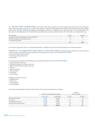150 ATS Annual Report 2014/15
26. RELATED PARTY TRANSACTIONS In connection with various projects, the Group received consulting services from companies
where Supervisory Board chairman Mr. Androsch (AIC Androsch International Management Consulting GmbH) and Supervisory Board deputy
chairman Mr. Dörflinger (Dörflinger Managmeent  Beteiligungs GmbH) are managing directors with the power of sole representation. The
Group also received legal advice from Frotz Riedl Rechtsanwälte, where Supervisory Board member Mr. Riedl works as an independent lawyer.
€ in thousands 2014/15 2013/14
AIC Androsch International Management Consulting GmbH 380 387
Dörflinger Management  Beteiligungs GmbH 8 5
Frotz Riedl Rechtsanwälte 3 6
391 398
At the balance sheet date, there are no outstanding balances or obligations to the above mentioned legal and consulting companies.
MEMBERS OF THE MANAGEMENT BOARD AND THE SUPERVISORY BOARD In the financial year 2014/15 and until the date of
issuance of these consolidated financial statements the following persons served on the MANAGEMENT BOARD:
 Andreas Gerstenmayer (Chairman)
 Karl Asamer (Deputy Chairman)
 Heinz Moitzi
In the financial year 2014/15 the following persons were elected members of the SUPERVISORY BOARD:
 Hannes Androsch (Chairman)
 Willibald Dörflinger (First Deputy Chairman)
 Regina Prehofer (Second Deputy Chairman)
 Karl Fink
 Albert Hochleitner
 Gerhard Pichler
 Georg Riedl
 Karin Schaupp
Delegated by the Works Council:
 Wolfgang Fleck
 Sabine Fussi
 Franz Katzbeck
 Günther Wölfler
The number of outstanding stock options and staff costs from stock options granted are as follows:
Number of outstanding stock options
Staff costs
(€ in thousands)
31 Mar 2015 31 Mar 2014 2014/15 2013/14
Andreas Gerstenmayer 80,000 120,000 218 60
Heinz Moitzi 60,000 90,000 114 89
Total Management Board 140,000 210,000 332 149
Total other executive employees 37,000 55,500 99 46
177,000 265,500 431 195
48 Consolidated Financial Statements as of 31 March 2015
 