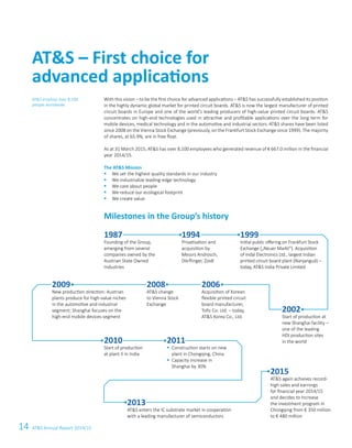14 ATS Annual Report 2014/15
ATS – First choice for
advanced applications
With this vision – to be the first choice for advanced applications – ATS has successfully established its position
in the highly dynamic global market for printed circuit boards. ATS is now the largest manufacturer of printed
circuit boards in Europe and one of the world‘s leading producers of high-value printed circuit boards. ATS
concentrates on high-end technologies used in attractive and profitable applications over the long term for
mobile devices, medical technology and in the automotive and industrial sectors. ATS shares have been listed
since 2008 on the Vienna Stock Exchange (previously, on the Frankfurt Stock Exchange since 1999). The majority
of shares, at 65.9%, are in free float.
As at 31 March 2015, ATS has over 8,100 employees who generated revenue of € 667.0 million in the financial
year 2014/15.
The ATS Mission
§	 We set the highest quality standards in our industry
§	 We industrialize leading-edge technology
§	 We care about people
§	 We reduce our ecological footprint
§	 We create value
ATS employs over 8,100
people worldwide.
Milestones in the Group’s history
1987
Founding of the Group,
emerging from several
companies owned by the
Austrian State Owned
Industries
1994
Privatisation and
acquisition by
Messrs Androsch,
Dörflinger, Zoidl
1999
Initial public offering on Frankfurt Stock
Exchange („Neuer Markt“). Acquisition
of Indal Electronics Ltd., largest Indian
printed circuit board plant (Nanjangud) –
today, ATS India Private Limited
2002
Start of production at
new Shanghai facility –
one of the leading
HDI production sites
in the world
2006
Acquisition of Korean
flexible printed circuit
board manufacturer,
Tofic Co. Ltd. – today,
ATS Korea Co., Ltd.
2009
New production direction: Austrian
plants produce for high-value niches
in the automotive and industrial
segment; Shanghai focuses on the
high-end mobile devices segment
2010
Start of production
at plant II in India
2011
§	 Construction starts on new
plant in Chongqing, China
§	 Capacity increase in
Shanghai by 30%
2013
ATS enters the IC substrate market in cooperation
with a leading manufacturer of semiconductors
2015
ATS again achieves record-
high sales and earnings
for financial year 2014/15
and decides to increase
the investment program in
Chongqing from € 350 million
to € 480 million
2008
ATS change
to Vienna Stock
Exchange
 
