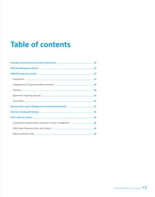49Corporate Governance Report
Principles and Corporate Governance Declaration   50
ATS AG Management Board   53
ATS AG Supervisory Board   55
	 Composition   55
	 Independence of Supervisory Board members   58
	Diversity   58
	 Agreements requiring approval   59
	 Committees   59
Remuneration report: Management and Supervisory Boards   61
Directors’ Holdings  Dealings   65
Other codes of conduct   66
	 Increasing the representation of women in senior management   66
	 ATS Code of Business Ethics and Conduct   66
	 ATS Compliance Code   66
Table of contents
 