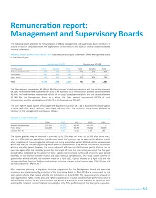 61Corporate Governance ReportCorporate Governance Report 15
The following report presents the remuneration of ATS's Management and Supervisory Board members. It
should be read in conjunction with the explanations in the notes to the 2014/15 annual and consolidated
financial statements.
MANAGEMENT BOARD REMUNERATION Total remuneration paid to members of the Management Board
in the financial year:
Financial year 2014/15 Financial year 2013/14
€ in thousands Fixed Variable Total Fixed Variable Total
Andreas Gerstenmayer 429 506 935 428 373 801
Karl Asamer 361 301 662 – – –
Heinz Moitzi 359 361 720 357 424 781
Total 1,149 1,168 2,317 785 797 1,582
The fixed element represented 45.88% of Mr Gerstenmayer's total remuneration and the variable element
54.12%. The fixed element represented 54.53% of Mr Asamer's total remuneration, and the variable element
45.47%. The fixed element represented 49.86% of Mr Moitzi's total remuneration, and the variable element
50.14%. For the Management Board as a whole, the fixed element represented 49.59% of total
remuneration, and the variable element 50.41% in the financial year 2014/15.
The stock-option-based system of Management Board remuneration at ATS is based on the Stock Option
Scheme 2009-2012, which ran from 1 April 2009 to 1 April 2012. The number of stock options allocated to
members of the Management Board was as follows:
Allocated on 1 April of every year
Total 2012 2011 2010 2009
Andreas Gerstenmayer 120,000 40,000 40,000 40,000 –
Heinz Moitzi 120,000 30,000 30,000 30,000 30,000
Exercise Price (€) 9.86 16.60 7.45 3.86
The options granted may be exercised in tranches: up to 20% after two years, up to 30% after three years,
and up to 50% after four years (from the allotment date). Stock options may be exercised in whole or in part
after completion of the vesting period, although not during a restricted period. Allotted options not exercised
within five years of the date of granting expire without compensation. If the end of the five-year period falls
within a restricted period, however, the restricted period will interrupt that five-year period. Options can be
exercised again after the restricted period for the length of time the interruption occurred. The five-year
period is thus extended by this amount of time. Options not exercised by the end of any five-year period
extended in this manner become invalid and lapse without compensation. The stock option scheme in
question has ended with the last allotment made on 1 April 2012. Options allotted on 1 April 2012 and not
yet exercised (see Directors' holdings and dealings, including changes in the financial year 2014/15) may still
be exercised until 31 March 2017.
After extensive planning, a long-term incentive programme for the Management Board and executive
employees was implemented by resolution of the Supervisory Board on 3 July 2014 as a replacement for the
stock option scheme that expired with the last distribution on 1 April 2012. The new programme is based on
stock appreciation rights (SAR). SARs are rights to appreciation in value based on share performance over a
defined period of time. As with stock options, but without a granting of actual shares or an option for such
granting, the recipient receives financial remuneration only if the performance of the share price is positive.
Remuneration report:
Management
and Supervisory Boards
Remuneration report:
Management and Supervisory Boards
 