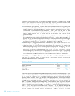 62 ATS Annual Report 2014/1516 Corporate Governance Report
In particular, the conditions include long-term and multiple-year performance criteria, a minimum vesting
period of three years (with a subsequent exercise period of no more than two years), a minimum own
investment by the recipient, and an upper limit on the potential financial benefits.
 Earnings per share (EPS) determines how many of the SARs allotted may actually be exercised once the
vesting period ends. The EPS established by the medium-term plan for the reporting date of the third year
following the allotment applies as the target. If, at the end of the vesting period, less than 50% of the EPS
target has been achieved, the allotted SARs are forfeited. If 100% or more of the EPS target has been
achieved at the end of the vesting period, all of the allotted SARs may be exercised. If achievement of the
target is between 50% and 100%, the allotted SARs may be exercised in linear proportion to the
percentage achieved.
 Own investment is a mandatory prerequisite for exercising SARs. The own investment is made by
purchasing shares corresponding to 20% of the total allotment amount in SARs for a given year (e.g. for an
allotment of 5,000 SARs, the own investment is 1,000 shares). If the own investment has not been made in
full by the end of the vesting period (after three years), SARs are forfeited in a corresponding amount. The
own investment must be held for the entire period of participation in the LTI programme.
 The exercise price is determined on the allotment date and is equal to the average closing price of ATS
shares on the Vienna Stock Exchange during the six months preceding the respective allotment date.
 The performance of the share price determines the amount of the LTI awarded to the recipient: The
difference between the exercise price of the relevant virtual allotment and the closing price of the ATS
share on the Vienna Stock Exchange on the exercise date is multiplied by the number of SARs. There are no
premiums on the exercise price and payouts are made in cash. In the event of extraordinary positive
performance, the payout amount per SAR is limited to the amount represented by 200% of the respective
exercise price. (Example: For an exercise price of €8.00, the maximum value per SAR is €16.00, which
means that any share closing price above €24.00 produces no associated increase in the value per SAR.)
In this LTI Programme for 2014 – 2016, three allotment tranches are possible, which will occur between
1 April 2014 and 1 April 2016. To date, the following number of SARs has been allotted to members of the
Management Board at the exercise price indicated:
Allocation on 1 April 2014
Total 2014
Andreas Gerstenmayer 40,000 40,000
Karl Asamer 30,000 30,000
Heinz Moitzi 30,000 30,000
Exercise Price (€) 7.68
The variable remuneration of the Management Board in the financial year 2014/15 (not in the form of stock
options and SARs) was dependent on the achievement of three performance measures defined in the budget
for the financial year in question: return on capital employed (ROCE), cash earnings (CE), each with a 45%
weighting, and the innovation revenue rate (IRR), with a 10% weighting. The basic prerequisite for awarding
this variable remuneration is positive EBIT for the Group as a whole for the financial year and attainment of
the target EBIT for the Group as a whole by at least 70% (the hurdle rate). In the event that the targets for
ROCE, CE and IRR are exceeded, bonuses are restricted to a maximum of 200% of the annual bonus set out in
the contract of employment. The inclusion of IRR is of major importance in giving variable remuneration a
long-term focus given that innovative strength – the development of new technologies, products or product
types – is a crucial factor for the future business success of the Group. It can also be reliably measured: IRR
represents the share of total revenue generated from products introduced in the past three years which are
technical innovative. The three-year reference period provides a long-term component of variable
 