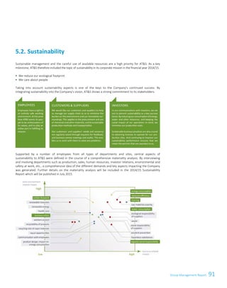 91Group Management Report
Sustainable management and the careful use of available resources are a high priority for ATS. As a key
milestone, ATS therefore included the topic of sustainability in its corporate mission in the financial year 2014/15.
 We reduce our ecological footprint
 We care about people
Taking into account sustainability aspects is one of the keys to the Company's continued success. By
integrating sustainability into the Company's vision, ATS shows a strong commitment to its stakeholders.
Supported by a number of employees from all types of departments and sites, central aspects of
sustainability to ATS were defined in the course of a comprehensive materiality analysis. By interviewing
and involving departments such as production, sales, human resources, investor relations, environmental and
safety at work, etc., a comprehensive idea of the different demands and key aspects impacting the Company
was generated. Further details on the materiality analysis will be included in the 2014/15 Sustainability
Report which will be published in July 2015.
5.2. Sustainability
Group Management Report 2014/15 25
 