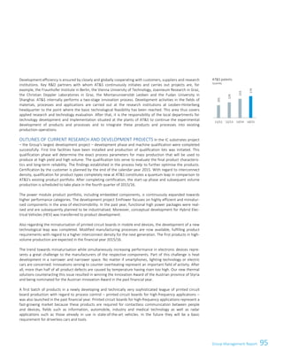 95Group Management Report
Development efficiency is ensured by closely and globally cooperating with customers, suppliers and research
institutions. Key RD partners with whom ATS continuously initiates and carries out projects are, for
example, the Fraunhofer Institute in Berlin, the Vienna University of Technology, Joanneum Research in Graz,
the Christian Doppler Laboratories in Graz, the Montanuniversität Leoben and the Fudan University in
Shanghai. ATS internally performs a two-stage innovation process. Development activities in the fields of
materials, processes and applications are carried out at the research institutions at Leoben-Hinterberg
headquarter to the point where the basic technological feasibility has been reached. This area thus covers
applied research and technology evaluation. After that, it is the responsibility of the local departments for
technology development and implementation situated at the plants of ATS to continue the experimental
development of products and processes and to integrate these products and processes into existing
production operations.
OUTLINES OF CURRENT RESEARCH AND DEVELOPMENT PROJECTS In the IC substrates project
– the Group's largest development project – development phase and machine qualification were completed
successfully. First line facilities have been installed and production of qualification lots was initiated. This
qualification phase will determine the exact process parameters for mass production that will be used to
produce at high yield and high volume. The qualification lots serve to evaluate the final product characteris-
tics and long-term reliability. The findings established in the process help to further optimise the products.
Certification by the customer is planned by the end of the calendar year 2015. With regard to interconnect
density, qualification for product types completely new at ATS constitutes a quantum leap in comparison to
ATS's existing product portfolio. After completing certification, the start-up phase and subsequent volume
production is scheduled to take place in the fourth quarter of 2015/16.
The power module product portfolio, including embedded components, is continuously expanded towards
higher performance categories. The development project EmPower focuses on highly efficient and miniatur-
ised components in the area of electromobility. In the past year, functional high power packages were real-
ised and are subsequently planned to be industrialised. Moreover, conceptual development for Hybrid Elec-
trical Vehicles (HEV) was transferred to product development.
Also regarding the miniaturisation of printed circuit boards in mobile end devices, the development of a new
technological leap was completed. Modified manufacturing processes are now available, fulfilling product
requirements with regard to a higher interconnect density for the next generation. The first products in high-
volume production are expected in the financial year 2015/16.
The trend towards miniaturisation while simultaneously increasing performance in electronic devices repre-
sents a great challenge to the manufacturers of the respective components. Part of this challenge is heat
development in a narrower and narrower space. No matter if smartphones, lighting technology or electric
cars are concerned: Innovations serving to counter overheating represent an important field of activity. After
all, more than half of all product defects are caused by temperature having risen too high. Our new thermal
solutions counteracting this issue resulted in winning the Innovation Award of the Austrian province of Styria
and being nominated for the Austrian Innovation Award in the past financial year.
A first batch of products in a newly developing and technically very sophisticated league of printed circuit
board production with regard to process control – printed circuit boards for high-frequency applications –
was also launched in the past financial year. Printed circuit boards for high-frequency applications represent a
fast-growing market because these products are required for contactless communication between people
and devices, fields such as information, automobile, industry and medical technology as well as radar
applications such as those already in use in state-of-the-art vehicles. In the future they will be a basic
requirement for driverless cars and tools.
ATS patents
Quantity
101
124
153
174
11/12 12/13 13/14 14/15
Group Management Report 2014/15 29
 