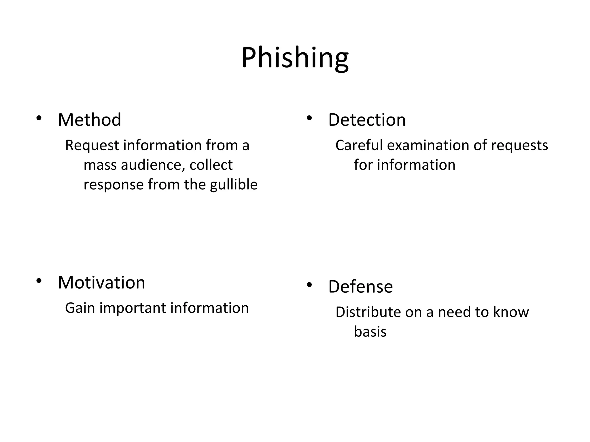 Phishing
• Method
Request information from a
mass audience, collect
response from the gullible
• Motivation
Gain important information
• Detection
Careful examination of requests
for information
• Defense
Distribute on a need to know
basis
 