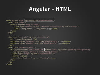 <body ng-app="Page" ng-controller="PageController">
<div class="songs">
<span ng-repeat="song in songs">
<input type="radio" ng-model="$parent.currentSong" ng-value="song" />
<label>{{song.name+' ('+song.band+')'}}</label>
</span>
</div>
<div class="controls" ng-show="currentSong“>
<h2>{{currentSong.name}}</h2>
<button ng-show="!playing" ng-click="playTracks()">Play</button>
<button ng-show="playing" ng-click="stopTracks()">Stop</button>
</div>
<div class="track-container">
<div ng-controller="TrackController" class="track" ng-class="{loading:loading==true}"
ng-repeat="(key, track) in currentSong.tracks">
<input type="range" ng-model="trackVolume" />
<canvas></canvas>
<span class="spinner" ng-show="loading"></span>
</div>
</div>
</body>
 
