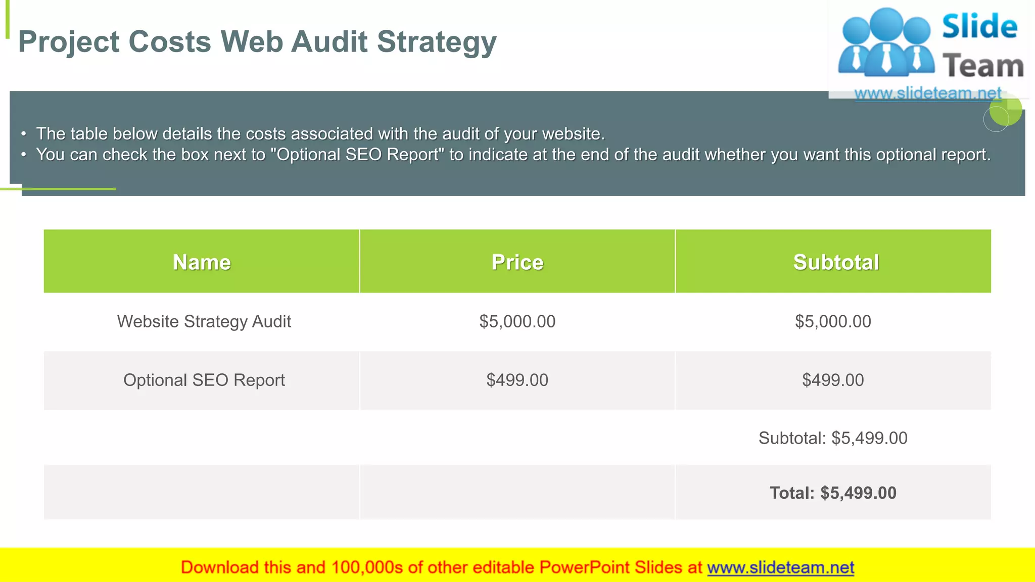 Project Costs Web Audit Strategy
11
• The table below details the costs associated with the audit of your website.
• You can check the box next to "Optional SEO Report" to indicate at the end of the audit whether you want this optional report.
Name Price Subtotal
Website Strategy Audit $5,000.00 $5,000.00
Optional SEO Report $499.00 $499.00
Subtotal: $5,499.00
Total: $5,499.00
This slide is 100% editable. Adapt it to your needs and capture your audience's attention.
 