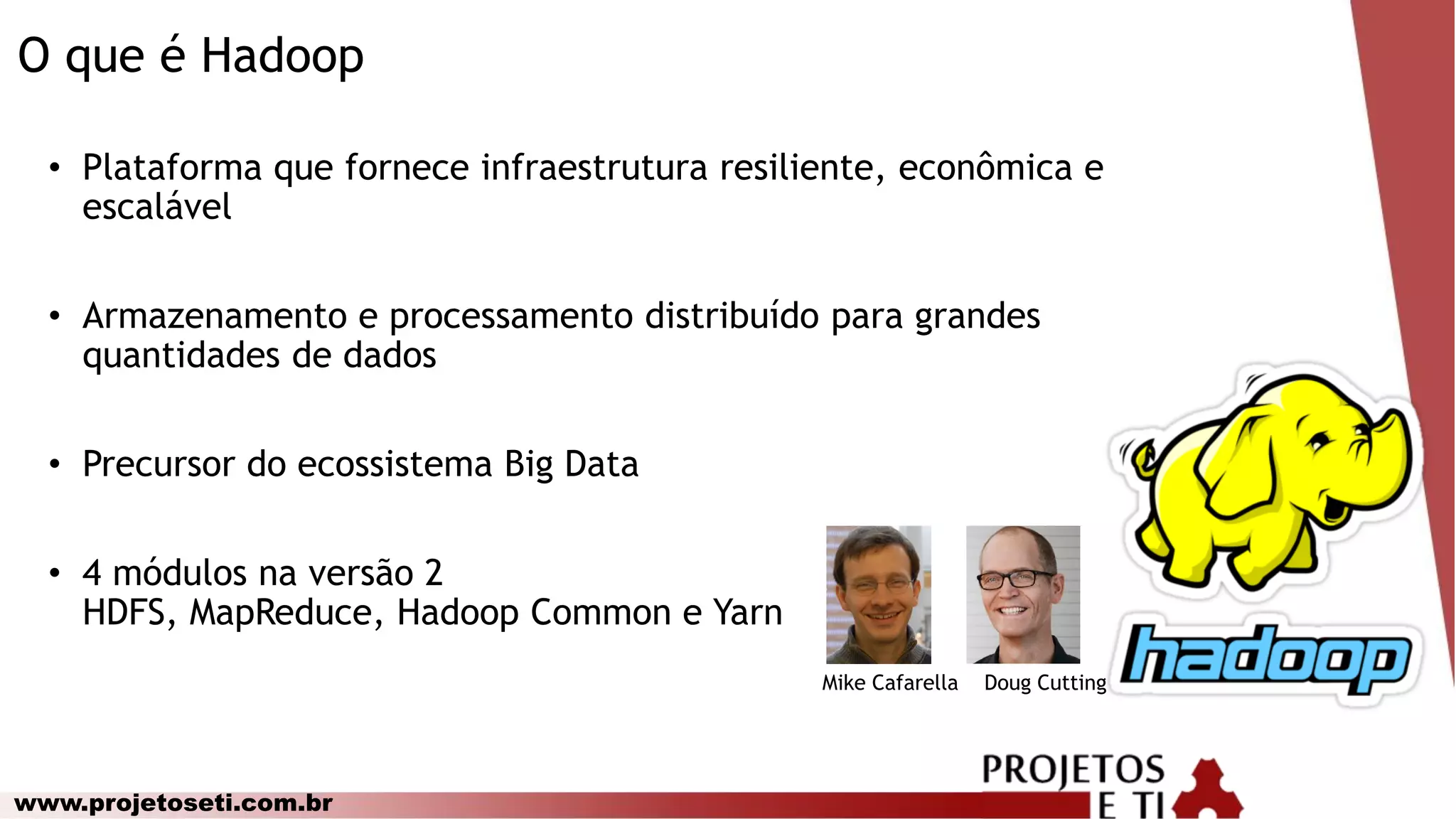 www.projetoseti.com.br
O que é Hadoop
• Plataforma que fornece infraestrutura resiliente, econômica e
escalável
• Armazenamento e processamento distribuído para grandes
quantidades de dados
• Precursor do ecossistema Big Data
• 4 módulos na versão 2
HDFS, MapReduce, Hadoop Common e Yarn
Mike Cafarella Doug Cutting
 