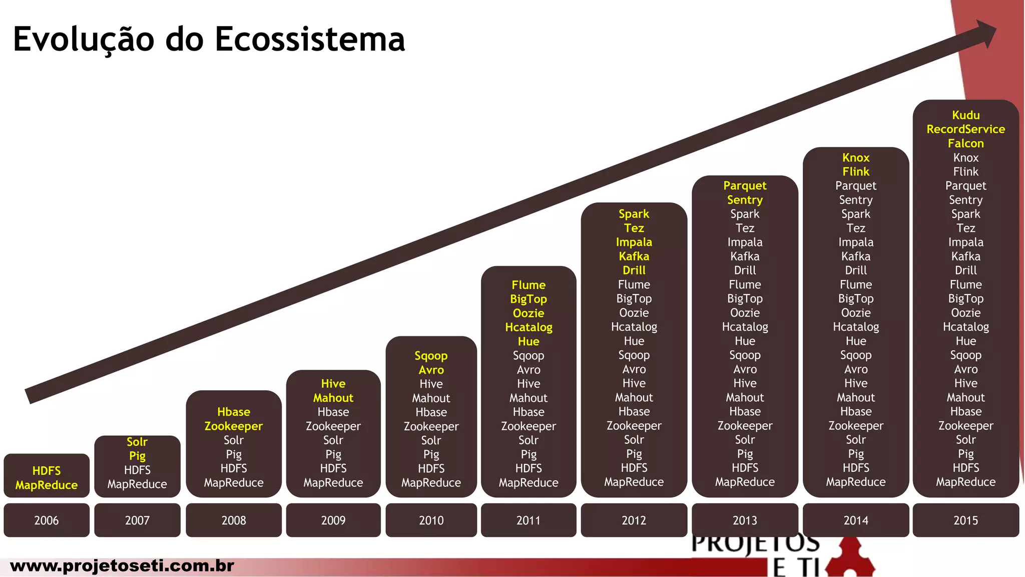 www.projetoseti.com.br
Evolução do Ecossistema
HDFS
MapReduce
2006
Solr
Pig
HDFS
MapReduce
2007
Hbase
Zookeeper
Solr
Pig
HDFS
MapReduce
2008
Hive
Mahout
Hbase
Zookeeper
Solr
Pig
HDFS
MapReduce
2009
Sqoop
Avro
Hive
Mahout
Hbase
Zookeeper
Solr
Pig
HDFS
MapReduce
2010
Flume
BigTop
Oozie
Hcatalog
Hue
Sqoop
Avro
Hive
Mahout
Hbase
Zookeeper
Solr
Pig
HDFS
MapReduce
2011
Spark
Tez
Impala
Kafka
Drill
Flume
BigTop
Oozie
Hcatalog
Hue
Sqoop
Avro
Hive
Mahout
Hbase
Zookeeper
Solr
Pig
HDFS
MapReduce
2012
Parquet
Sentry
Spark
Tez
Impala
Kafka
Drill
Flume
BigTop
Oozie
Hcatalog
Hue
Sqoop
Avro
Hive
Mahout
Hbase
Zookeeper
Solr
Pig
HDFS
MapReduce
2013
Knox
Flink
Parquet
Sentry
Spark
Tez
Impala
Kafka
Drill
Flume
BigTop
Oozie
Hcatalog
Hue
Sqoop
Avro
Hive
Mahout
Hbase
Zookeeper
Solr
Pig
HDFS
MapReduce
2014
Kudu
RecordService
Falcon
Knox
Flink
Parquet
Sentry
Spark
Tez
Impala
Kafka
Drill
Flume
BigTop
Oozie
Hcatalog
Hue
Sqoop
Avro
Hive
Mahout
Hbase
Zookeeper
Solr
Pig
HDFS
MapReduce
2015
 