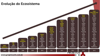 www.projetoseti.com.br
Evolução do Ecossistema
HDFS
MapReduce
2006
Solr
Pig
HDFS
MapReduce
2007
Hbase
Zookeeper
Solr
Pig
HDFS
MapReduce
2008
Hive
Mahout
Hbase
Zookeeper
Solr
Pig
HDFS
MapReduce
2009
Sqoop
Avro
Hive
Mahout
Hbase
Zookeeper
Solr
Pig
HDFS
MapReduce
2010
Flume
BigTop
Oozie
Hcatalog
Hue
Sqoop
Avro
Hive
Mahout
Hbase
Zookeeper
Solr
Pig
HDFS
MapReduce
2011
Spark
Tez
Impala
Kafka
Drill
Flume
BigTop
Oozie
Hcatalog
Hue
Sqoop
Avro
Hive
Mahout
Hbase
Zookeeper
Solr
Pig
HDFS
MapReduce
2012
Parquet
Sentry
Spark
Tez
Impala
Kafka
Drill
Flume
BigTop
Oozie
Hcatalog
Hue
Sqoop
Avro
Hive
Mahout
Hbase
Zookeeper
Solr
Pig
HDFS
MapReduce
2013
Knox
Flink
Parquet
Sentry
Spark
Tez
Impala
Kafka
Drill
Flume
BigTop
Oozie
Hcatalog
Hue
Sqoop
Avro
Hive
Mahout
Hbase
Zookeeper
Solr
Pig
HDFS
MapReduce
2014
Kudu
RecordService
Falcon
Knox
Flink
Parquet
Sentry
Spark
Tez
Impala
Kafka
Drill
Flume
BigTop
Oozie
Hcatalog
Hue
Sqoop
Avro
Hive
Mahout
Hbase
Zookeeper
Solr
Pig
HDFS
MapReduce
2015
 
