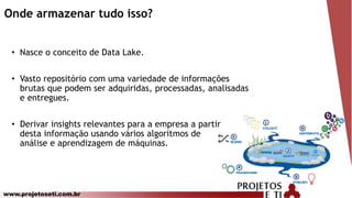 www.projetoseti.com.br
Onde armazenar tudo isso?
• Nasce o conceito de Data Lake.
• Vasto repositório com uma variedade de informações
brutas que podem ser adquiridas, processadas, analisadas
e entregues.
• Derivar insights relevantes para a empresa a partir
desta informação usando vários algoritmos de
análise e aprendizagem de máquinas.
 