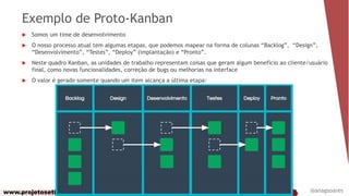 www.projetoseti.com.br
Exemplo de Proto-Kanban
 Somos um time de desenvolvimento
 O nosso processo atual tem algumas etapas, que podemos mapear na forma de colunas “Backlog”, “Design”,
“Desenvolvimento”, “Testes”, “Deploy” (implantação) e “Pronto”.
 Neste quadro Kanban, as unidades de trabalho representam coisas que geram algum benefício ao cliente/usuário
final, como novas funcionalidades, correção de bugs ou melhorias na interface
 O valor é gerado somente quando um item alcança a última etapa:
@anagsoares
 