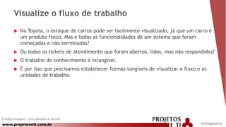 www.projetoseti.com.br
Visualize o fluxo de trabalho
Crédito imagem: Livro Kanban in Action
@anagsoares
 Na Toyota, o estoque de carros pode ser facilmente visualizado, já que um carro é
um produto físico. Mas e todas as funcionalidades de um sistema que foram
começadas e não terminadas?
 Ou todos os tickets de atendimento que foram abertos, lidos, mas não respondidos?
 O trabalho do conhecimento é intangível.
 É por isso que precisamos estabelecer formas tangíveis de visualizar o fluxo e as
unidades de trabalho.
 