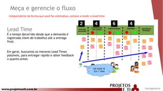 www.projetoseti.com.br @anagsoares
Lead Time
É o tempo decorrido desde que a demanda é
registrada (item de trabalho) até a entrega
final.
Em geral, buscamos os menores Lead Times
possíveis, para entregar rápido e obter feedback
o quanto antes.
Meça e gerencie o fluxo
Independente da forma que você faz estimativa, comece a medir o Lead time
 