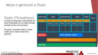 www.projetoseti.com.br @anagsoares
Vazão (Throughtput)
A vazão corresponde à quantidade de
itens finalizados em um determinado
período (como uma semana).
Em geral, buscamos obter a maior
vazão com o menor lead time
possível.
Créditos: targetteal.com
Meça e gerencie o fluxo
 