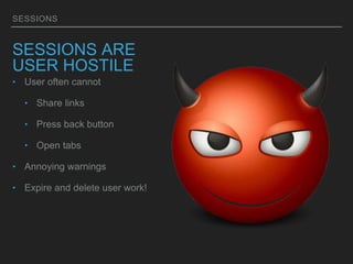 SESSIONS
SESSIONS ARE
USER HOSTILE
‣ User often cannot
‣ Share links
‣ Press back button
‣ Open tabs
‣ Annoying warnings
‣ Expire and delete user work!
 