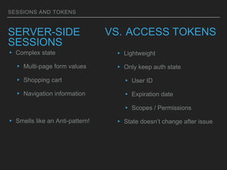SESSIONS AND TOKENS
SERVER-SIDE
SESSIONS
▸ Complex state
▸ Multi-page form values
▸ Shopping cart
▸ Navigation information
▸ Smells like an Anti-pattern!
ACCESS TOKENS
▸ Lightweight
▸ Only keep auth state
▸ User ID
▸ Expiration date
▸ Scopes / Permissions
▸ State doesn’t change after issue
VS.
 