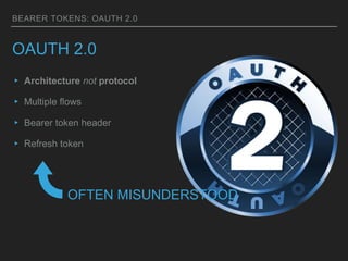 BEARER TOKENS: OAUTH 2.0
OAUTH 2.0
▸ Architecture not protocol
▸ Multiple flows
▸ Bearer token header
▸ Refresh token
OFTEN MISUNDERSTOOD
 