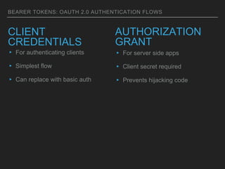 BEARER TOKENS: OAUTH 2.0 AUTHENTICATION FLOWS
CLIENT
CREDENTIALS
▸ For authenticating clients
▸ Simplest flow
▸ Can replace with basic auth
AUTHORIZATION
GRANT
▸ For server side apps
▸ Client secret required
▸ Prevents hijacking code
 