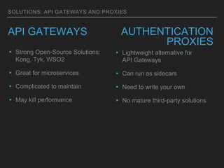 SOLUTIONS: API GATEWAYS AND PROXIES
API GATEWAYS
▸ Strong Open-Source Solutions:
Kong, Tyk, WSO2
▸ Great for microservices
▸ Complicated to maintain
▸ May kill performance
AUTHENTICATION
PROXIES
▸ Lightweight alternative for
API Gateways
▸ Can run as sidecars
▸ Need to write your own
▸ No mature third-party solutions
 