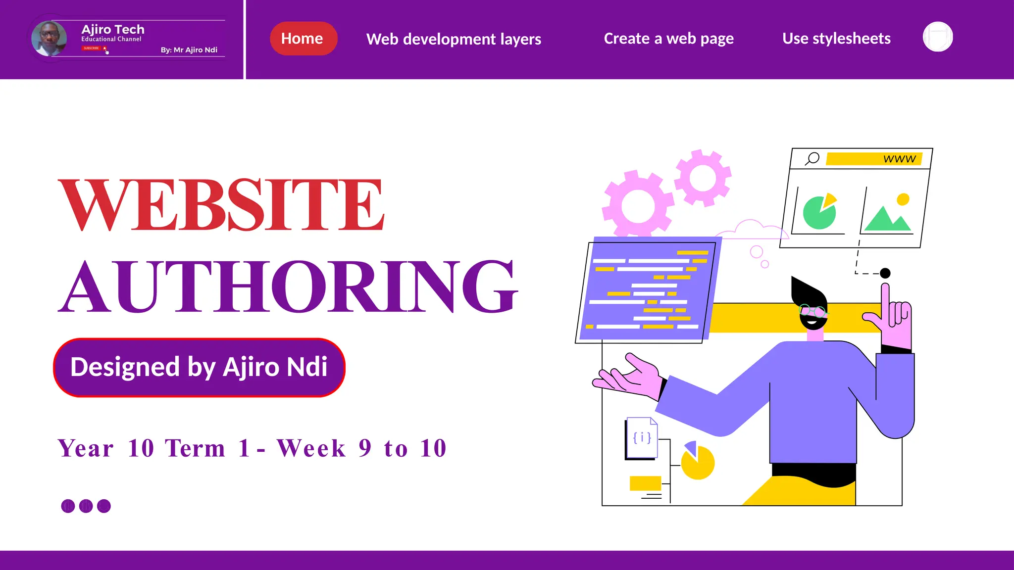 Home Create a web page Use stylesheets
Web development layers
WEBSITE
AUTHORING
Designed by Ajiro Ndi
Year 10 Term 1 - Week 9 to 10
 