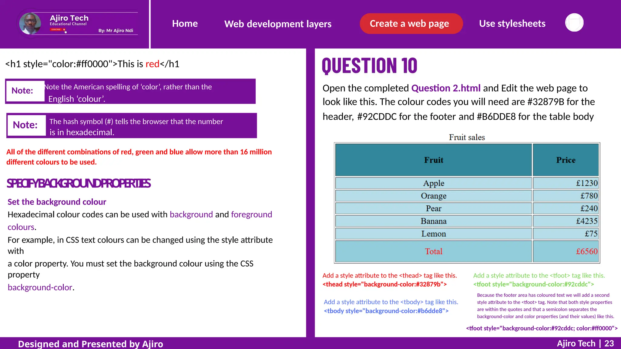 Home Create a web page Use stylesheets
Web development layers
<h1 style="color:#ff0000">This is red</h1
Open the completed Question 2.html and Edit the web page to
look like this. The colour codes you will need are #32879B for the
header, #92CDDC for the footer and #B6DDE8 for the table body
is in hexadecimal.
All of the different combinations of red, green and blue allow more than 16 million
different colours to be used.
S
P
E
C
I
F
YB
A
C
K
G
R
O
U
N
DP
R
O
P
E
R
T
I
E
S
Set the background colour
Hexadecimal colour codes can be used with background and foreground
colours.
For example, in CSS text colours can be changed using the style attribute
with
a color property. You must set the background colour using the CSS
property
background-color.
Add a style attribute to the <thead> tag like this.
<thead style="background-color:#32879b">
Add a style attribute to the <tfoot> tag like this.
<tfoot style="background-color:#92cddc">
Because the footer area has coloured text we will add a second
style attribute to the <tfoot> tag. Note that both style properties
are within the quotes and that a semicolon separates the
background-color and color properties (and their values) like this.
Add a style attribute to the <tbody> tag like this.
<tbody style="background-color:#b6dde8">
<tfoot style="background-color:#92cddc; color:#ff0000">
Ajiro Tech | 23
Designed and Presented by Ajiro
Note: The hash symbol (#) tells the browser that the number
Note: Note the American spelling of ‘color’, rather than the
English ‘colour’.
 