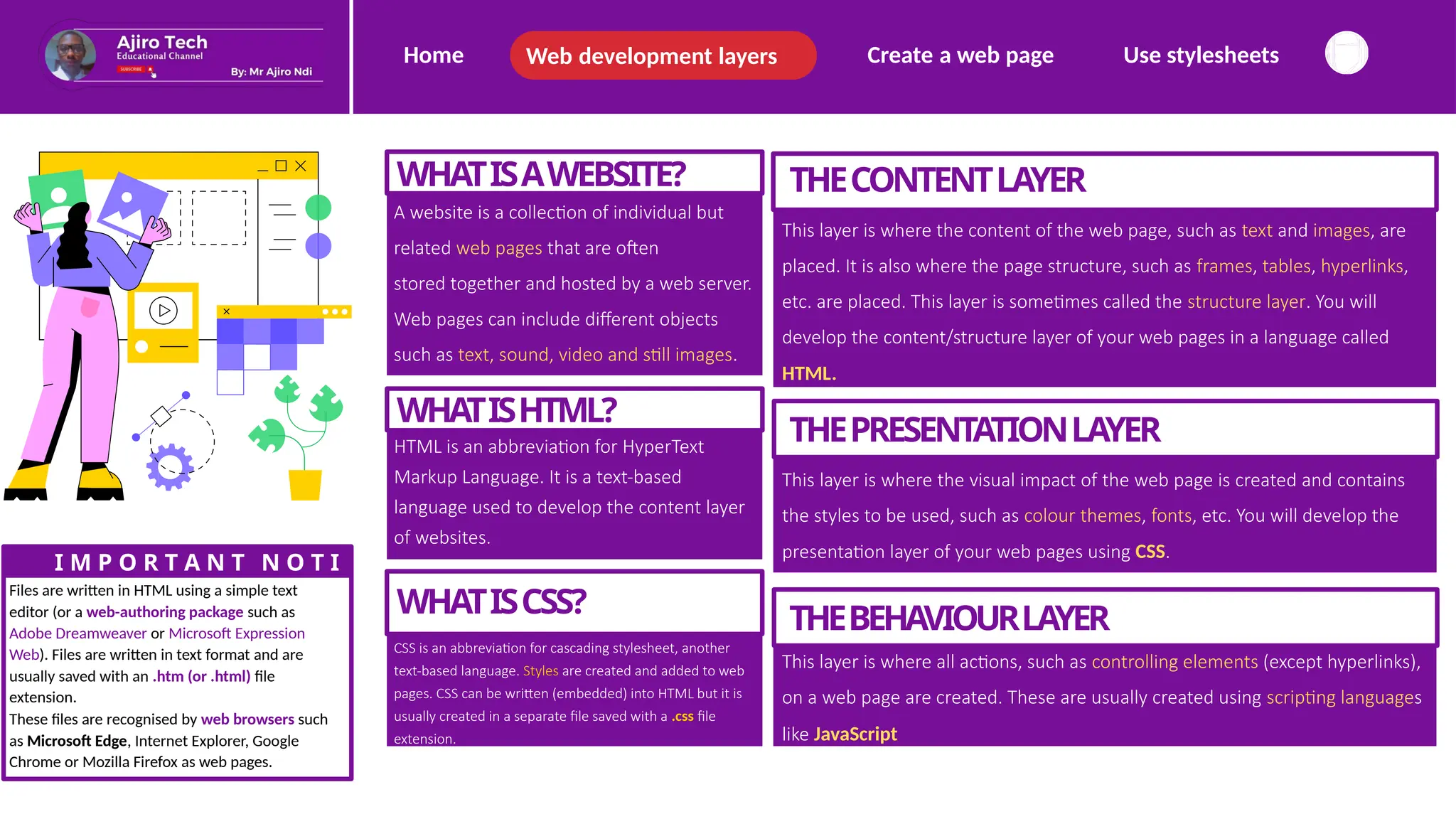 Home Create a web page Use stylesheets
Web development layers
Designed and Presented by Ajiro Ndi Ajiro
THEBEHAVIOURLAYER
This layer is where all actions, such as controlling elements (except hyperlinks),
on a web page are created. These are usually created using scripting languages
like JavaScript
WHATISCSS?
CSS is an abbreviation for cascading stylesheet, another
text-based language. Styles are created and added to web
pages. CSS can be written (embedded) into HTML but it is
usually created in a separate file saved with a .css file
extension.
I M P O R T A N T N O T I
C E
Files are written in HTML using a simple text
editor (or a web-authoring package such as
Adobe Dreamweaver or Microsoft Expression
Web). Files are written in text format and are
usually saved with an .htm (or .html) file
extension.
These files are recognised by web browsers such
as Microsoft Edge, Internet Explorer, Google
Chrome or Mozilla Firefox as web pages.
THEPRESENTATIONLAYER
This layer is where the visual impact of the web page is created and contains
the styles to be used, such as colour themes, fonts, etc. You will develop the
presentation layer of your web pages using CSS.
WHATISHTML?
HTML is an abbreviation for HyperText
Markup Language. It is a text-based
language used to develop the content layer
of websites.
THECONTENTLAYER
This layer is where the content of the web page, such as text and images, are
placed. It is also where the page structure, such as frames, tables, hyperlinks,
etc. are placed. This layer is sometimes called the structure layer. You will
develop the content/structure layer of your web pages in a language called
HTML.
WHATISAWEBSITE?
A website is a collection of individual but
related web pages that are often
stored together and hosted by a web server.
Web pages can include different objects
such as text, sound, video and still images.
 