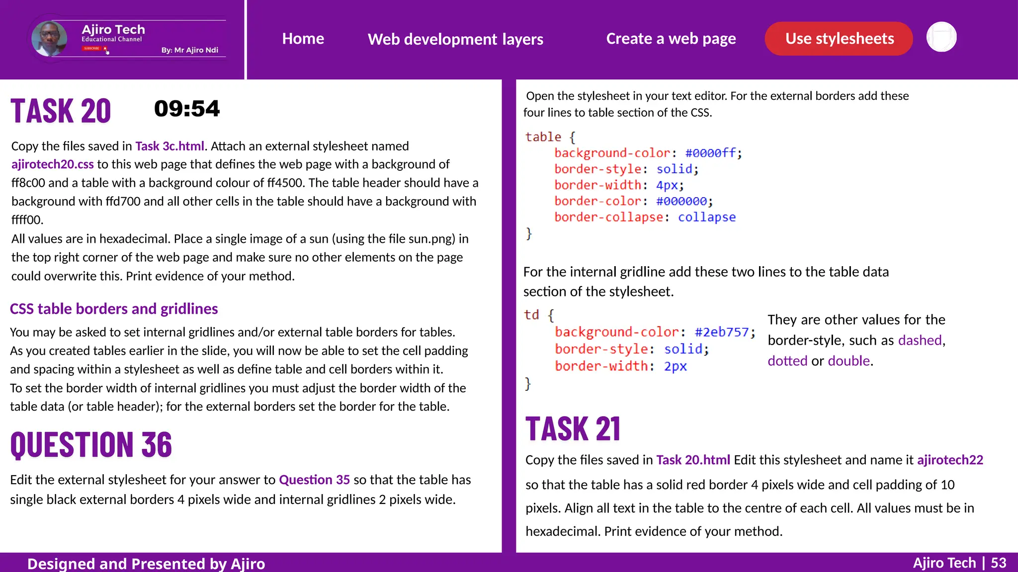 Home Create a web page Use stylesheets
Web development layers
Open the stylesheet in your text editor. For the external borders add these
four lines to table section of the CSS.
Copy the files saved in Task 3c.html. Attach an external stylesheet named
ajirotech20.css to this web page that defines the web page with a background of
ff8c00 and a table with a background colour of ff4500. The table header should have a
background with ffd700 and all other cells in the table should have a background with
ffff00.
All values are in hexadecimal. Place a single image of a sun (using the file sun.png) in
the top right corner of the web page and make sure no other elements on the page
could overwrite this. Print evidence of your method. For the internal gridline add these two lines to the table data
section of the stylesheet.
They are other values for the
border-style, such as dashed,
dotted or double.
CSS table borders and gridlines
You may be asked to set internal gridlines and/or external table borders for tables.
As you created tables earlier in the slide, you will now be able to set the cell padding
and spacing within a stylesheet as well as define table and cell borders within it.
To set the border width of internal gridlines you must adjust the border width of the
table data (or table header); for the external borders set the border for the table.
Copy the files saved in Task 20.html Edit this stylesheet and name it ajirotech22
so that the table has a solid red border 4 pixels wide and cell padding of 10
pixels. Align all text in the table to the centre of each cell. All values must be in
hexadecimal. Print evidence of your method.
Edit the external stylesheet for your answer to Question 35 so that the table has
single black external borders 4 pixels wide and internal gridlines 2 pixels wide.
Ajiro Tech | 53
Designed and Presented by Ajiro
 