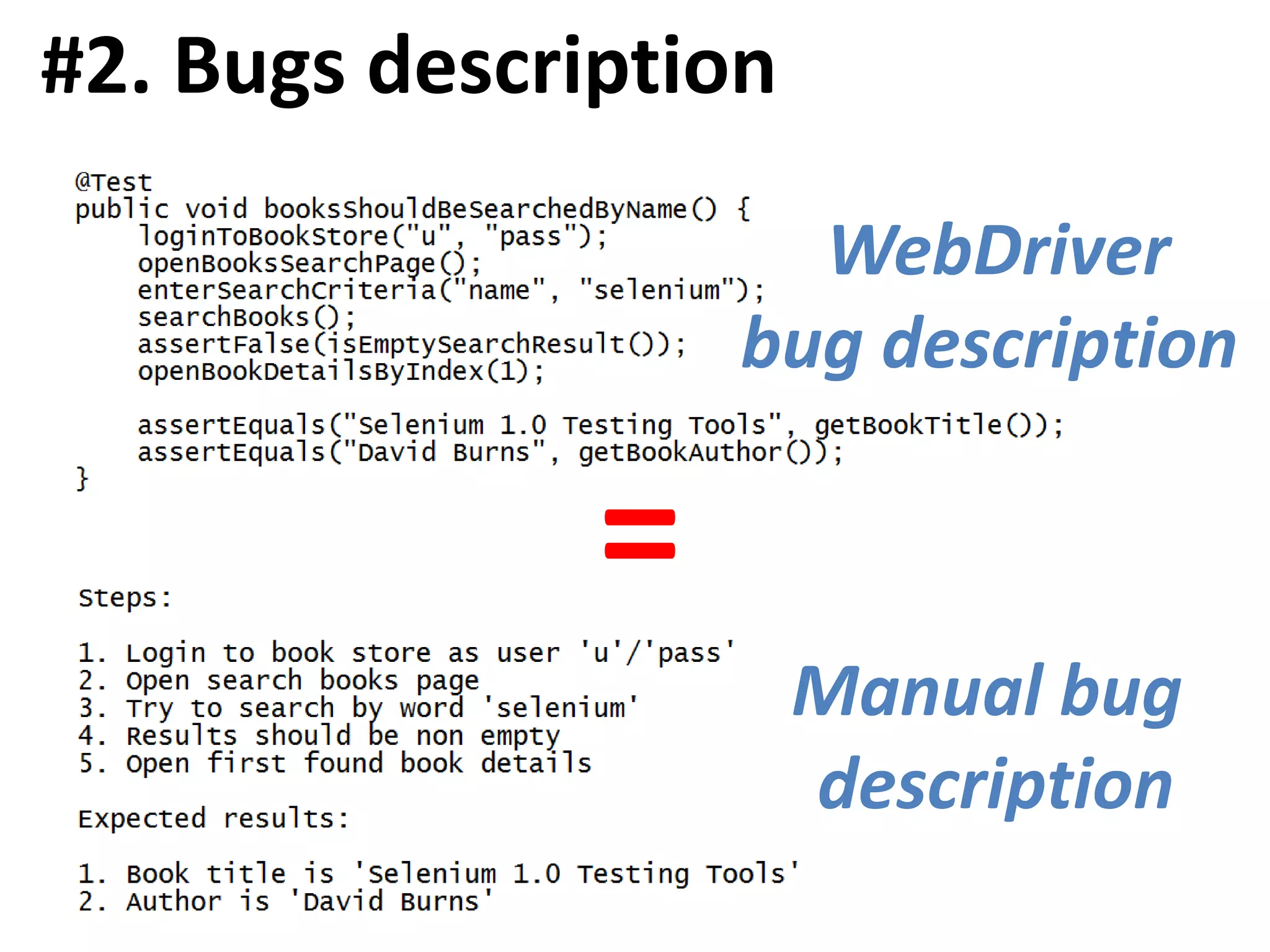 #2. Bugs description
=
Manual bug
description
WebDriver
bug description