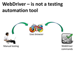 WebDriver – is not a testing
automation tool
Uses browser
Manual testing WebDriver
commands
 