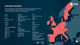 EUROPEAN PARTNERS
Austria
RUAG
Belgium
Centre Spatial de Liège
KU Leuven
Denmark
DTU Space
TERMA
France (incl. French Guiana)
Arianespace
ArianeGroup
CNES
Airbus Defence and Space
Safran Reosc
CRAL
Mersen Boostec
CEA
LESIA/LAM
IAS
Germany
Airbus Defence and Space
Hensoldt Optronics
IABG
Max Planck Institute for Astronomy
University of Cologne
ArianeGroup
Italy
Leonardo
Avio
Ireland
Dublin Institute for
Advanced Studies
Réaltra Space Systems Engineering
The Netherlands
NOVA-OIR Group
Leiden University
TNO
Spain
Airbus Defence and Space
Crisa
IberEspacio
INTA
CSIC
Sweden
RUAG
Stockholm University
Switzerland
RUAG
ETH Zurich
APCO
United Kingdom
UK Astronomy Technology Centre
RAL Space
Airbus Defence and Space
University of Leicester
Cardiff University
Mullard Space Science Laboratory
Surrey Satellite Technology Ltd
This map highlights the main contributions of ESA and its European partners to the
development of NIRSpec, MIRI and Ariane 5. All ESA Member States
contribute through the mandatory Science Programme.
 
