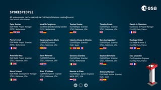SPOKESPEOPLE
All spokespeople can be reached via ESA Media Relations: media@esa.int.
Flags represent spoken languages.
Peter Rumler
ESA Webb Project Manager
ESTEC, Netherlands
Pierre Ferruit
ESA Webb Project Scientist
ESTEC, Netherlands
Antonella Nota
ESA Webb Project Scientist
STScI, Baltimore, USA
Marco Sirianni
ESA Webb Development Manager
STScI, Baltimore, USA
Mark McCaughrean
ESA Webb Interdisciplinary Scientist
ESTEC, Netherlands
Macarena Garcia Marin
ESA MIRI Scientist
STScI, Baltimore, USA
Sarah Kendrew
ESA MIRI Scientist
STScI, Baltimore, USA
Brian O'Sullivan
ESA MIRI System Engineer
STScI, Baltimore, USA
Torsten Boeker
ESA NIRSpec Scientist
STScI, Baltimore, USA
Catarina Alves de Oliveira
ESA NIRSpec Scientist
ESAC, Spain
Giovanna Giardino
ESA NIRSpec Scientist
ESTEC, Netherlands
Maurice te Plate
ESA NIRSpec System Engineer
NASA GSFC, USA
Timothy Rawle
ESA NIRSpec Scientist
STScI, Baltimore, USA
Nora Luetzgendorf
ESA NIRSpec Scientist
STScI, Baltimore, USA
Stephan Birkmann
ESA NIRSpec Scientist
STScI, Baltimore, USA
Anthony Marston
ESA Webb Archive Scientist
ESAC, Spain
Daniel de Chambure
ESA Ariane 5 Project Manager
ESA HQ, Paris, France
Ruedeger Albat
ESA Head of Ariane 5
ESA HQ, Paris, France
Kate Underhill
ESA Propulsion Engineer
ESA HQ, Paris, France
 