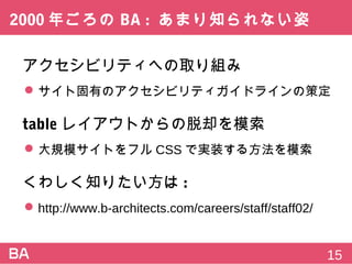 2000年ごろのBA:あまり知られない姿
アクセシビリティへの取り組み
 サイト固有のアクセシビリティガイドラインの策定
tableレイアウトからの脱却を模索
 大規模サイトをフルCSSで実装する方法を模索
くわしく知りたい方は:
 http://www.b-architects.com/careers/staff/staff02/
15
 