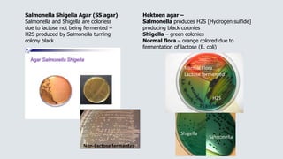 Salmonella Shigella Agar (SS agar)
Salmonella and Shigella are colorless
due to lactose not being fermented –
H2S produced by Salmonella turning
colony black
Hektoen agar –
Salmonella produces H2S [Hydrogen sulfide]
producing black colonies
Shigella – green colonies
Normal flora – orange colored due to
fermentation of lactose (E. coli)
Non-Lactose fermenter
Shigella
Salmonella
Normal Flora
Lactose fermented
H2S
 