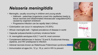 Neisseria meningitidis
• Meningitis, usually occurring in children and young adults
• Hallmark - petechiae (organisms crowd into capillaries) leads to
tissue necrosis and disseminated intravascular coagulation(DIC)
caused by organism endotoxin
• Progressive infection can be rapidly fatal (<24hrs)
• Colonization can occur in nasopharynx (10-20%)
• African meningitis belt – highest prevalence of disease in world
• Capsular polysaccharide is primary virulence factor
• N. meningitidis serotypes A,B,C Y and W, most common
• Complement deficiencies in factors 7,8,and 9, Eculizumab therapy,
asplenia, and HIV predispose to infection
• Adrenal necrosis known as Waterhouse Friderichsen syndrome
• Immunization at ages 2m, 12 yr, 16 yr, and in HIV to prevent
 