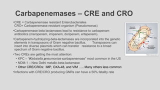 Carbapenemases – CRE and CRO
•CRE = Carbapenemase resistant Enterobacteriales
CRO= Carbapenemase resistant organism (Pseudomonas)
•Carbapenemase beta lactamases lead to resistance to carbapenam
antibiotics (meropenem, imipenem, doripenem, ertapenem).
•Carbapenem-hydrolyzing-beta-lactamases are incorporated into the genetic
elements in transposons of Gram negative bacillus. Transposons can
insert into diverse plasmids which can transfer resistance to a broad
spectrum of Gram negative bacillus.
•Two CREs are getting the most attention:
• KPC – “Klebsiella pneumoniae carbapenemase” most common in the US
• NDM-1 – New Delhi metallo-beta-lactamase
• Other CRE/CROs: IMP, OXA-48, and VIM ….. Many others less common
•Infections with CRE/CRO producing GNRs can have a 50% fatality rate
 