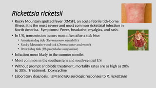 Rickettsia ricketsii
• Rocky Mountain spotted fever (RMSF), an acute febrile tick-borne
illness, it is the most severe and most common rickettsial infection in
North America. Symptoms: Fever, headache, myalgias, and rash.
• In US, transmission occurs most often after a tick bite:
• American dog tick (Dermacentor variabilis)
• Rocky Mountain wood tick (Dermacentor andersoni)
• Brown dog tick (Rhipicephalus sanguineus)
• Infection more likely in the summer months
• Most common in the southeastern and south-central US
• Without prompt antibiotic treatment, mortality rates are as high as 20%
to 30%. Treatment: Doxycycline
• Laboratory diagnosis: IgM and IgG serologic responses to R. rickettsiae
 