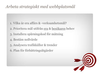 Arbeta strategiskt med webbplatsmål


  1. Vilka är era affärs & -verksamhetsmål?
  2. Prioritera mål utifrån era & besökares behov
  3. Installera spårningskod för mätning
  4. Bestäm nollvärde
  5. Analysera trafikkällor & trender
          Mål
  6. Plan för förbättringsåtgärder
 