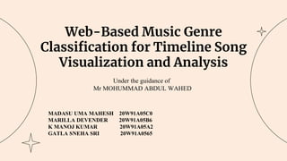 Web-Based Music Genre
Classification for Timeline Song
Visualization and Analysis
Under the guidance of
Mr MOHUMMAD ABDUL WAHED
MADASU UMA MAHESH 20W91A05C0
MARILLA DEVENDER 20W91A05B6
K MANOJ KUMAR 20W91A05A2
GATLA SNEHA SRI 20W91A0565
 
